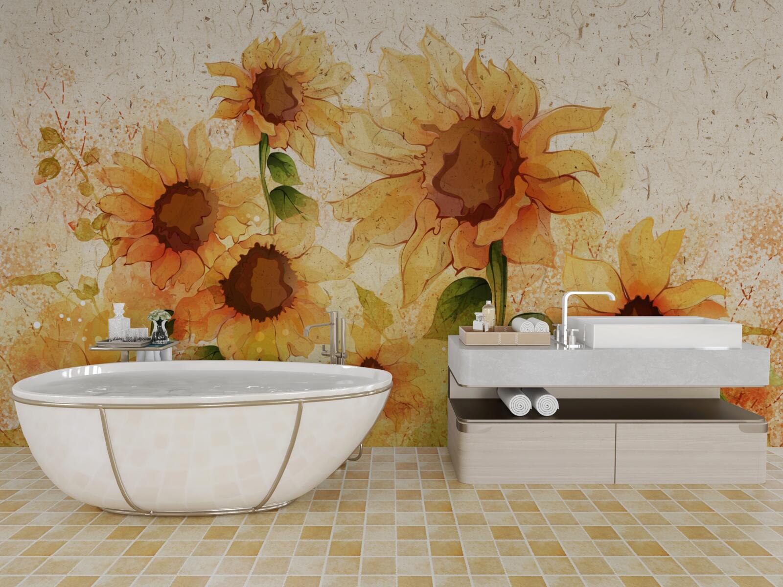 Fotobehang verlichting van gouden zonnebloemen