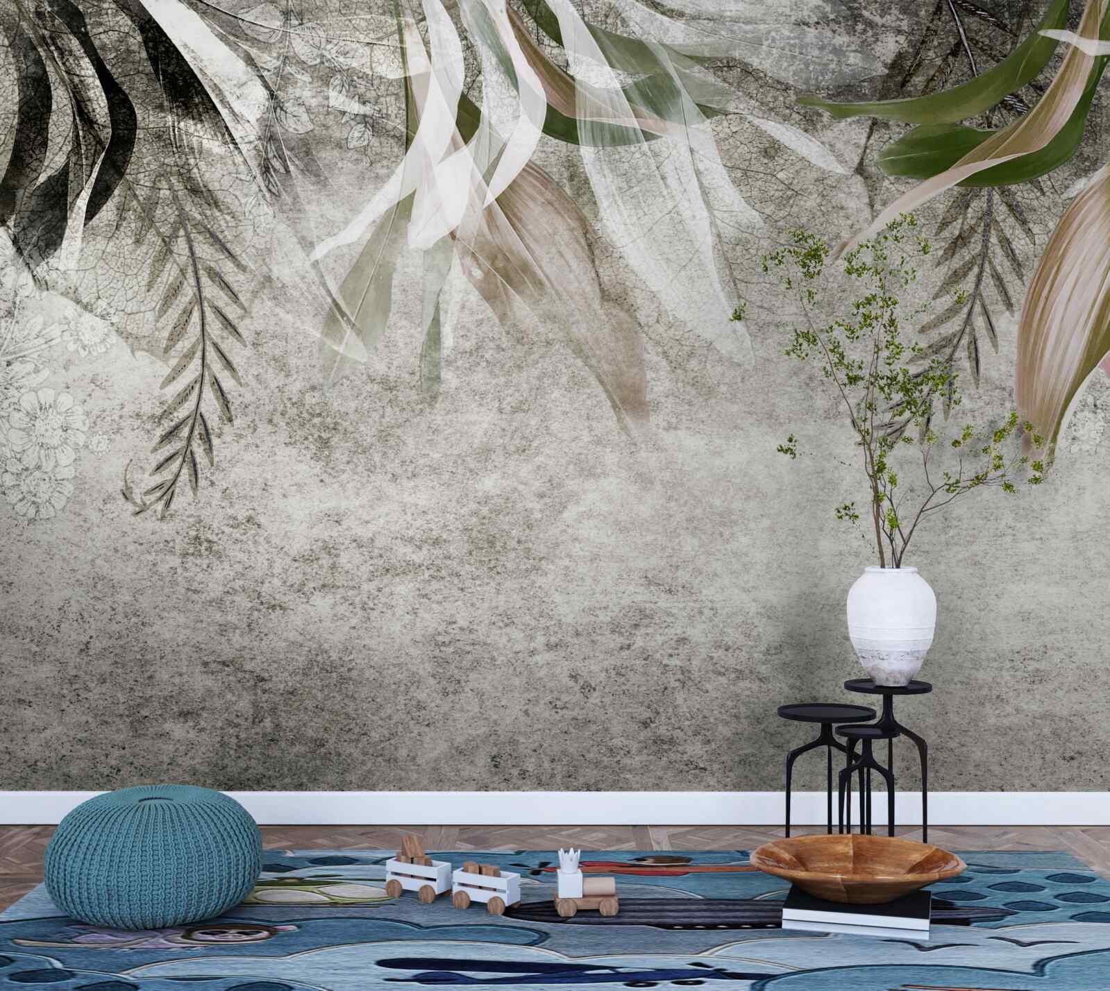 Fotobehang bloemen en hangende bladeren