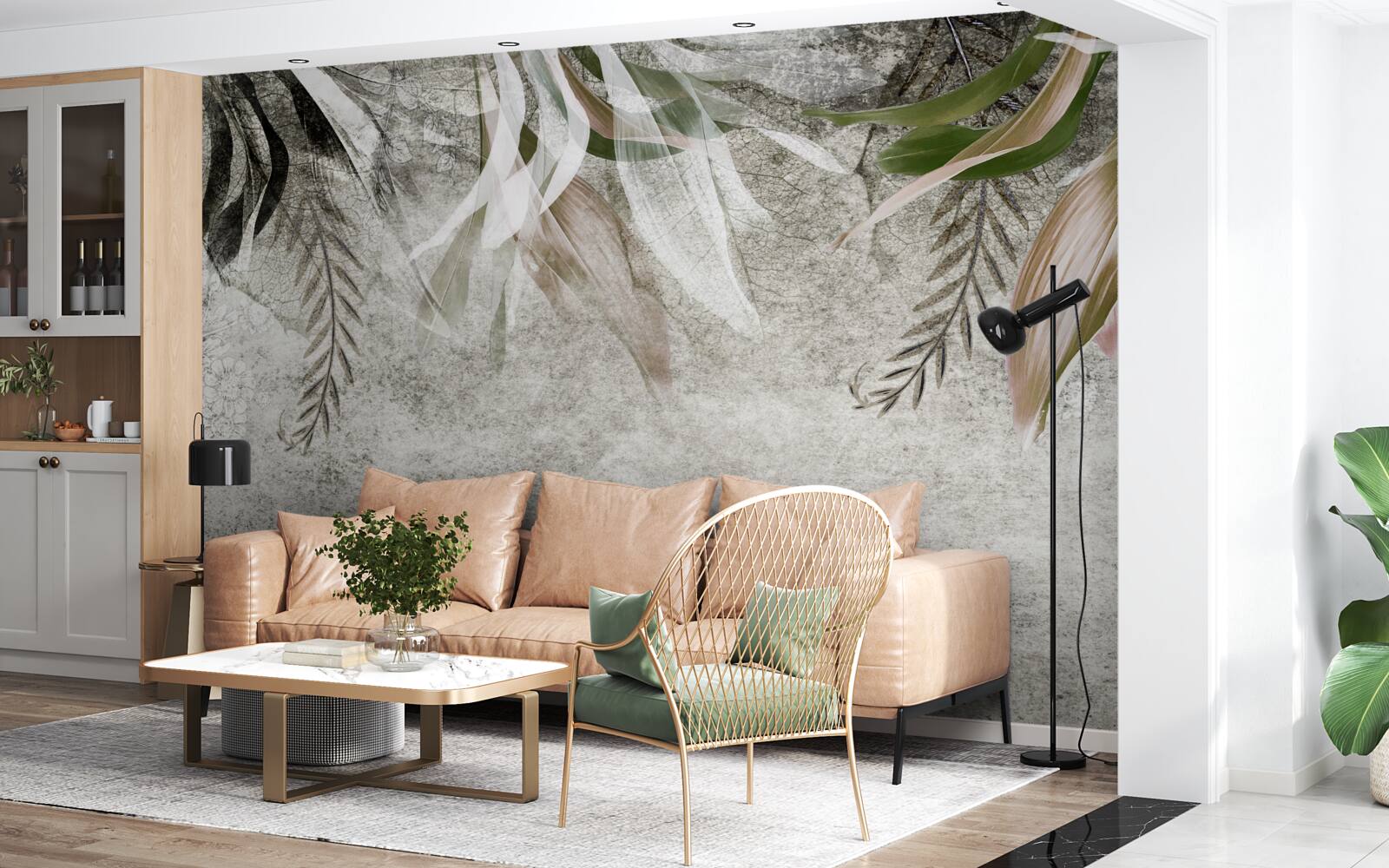 Fotobehang bloemen en hangende bladeren