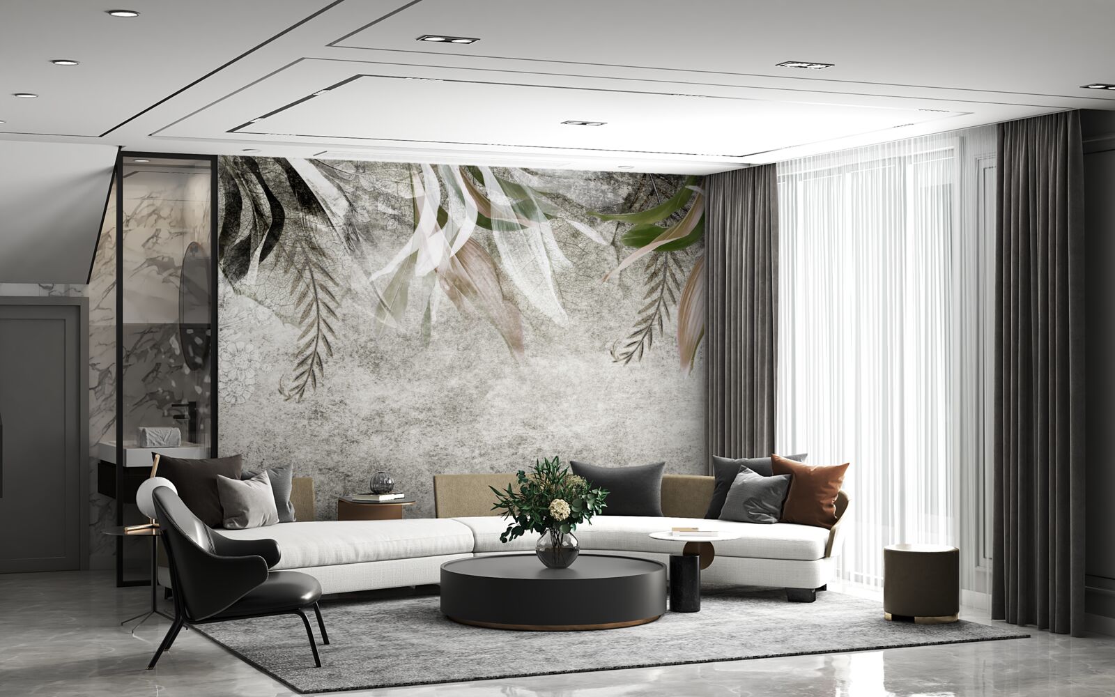 Fotobehang bloemen en hangende bladeren