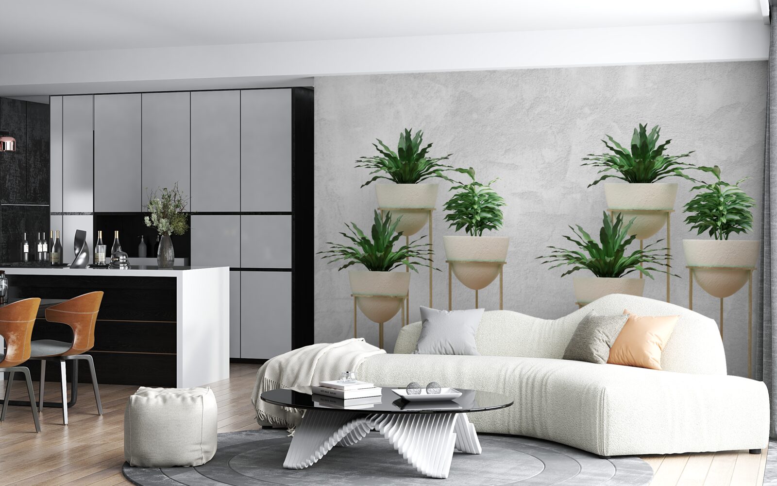 Fotobehang groene bloemen in fijne potten