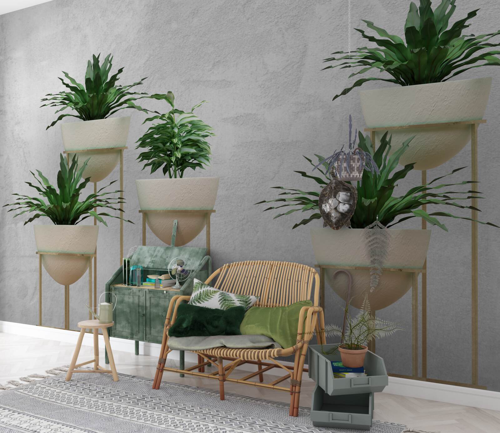 Fotobehang groene bloemen in fijne potten