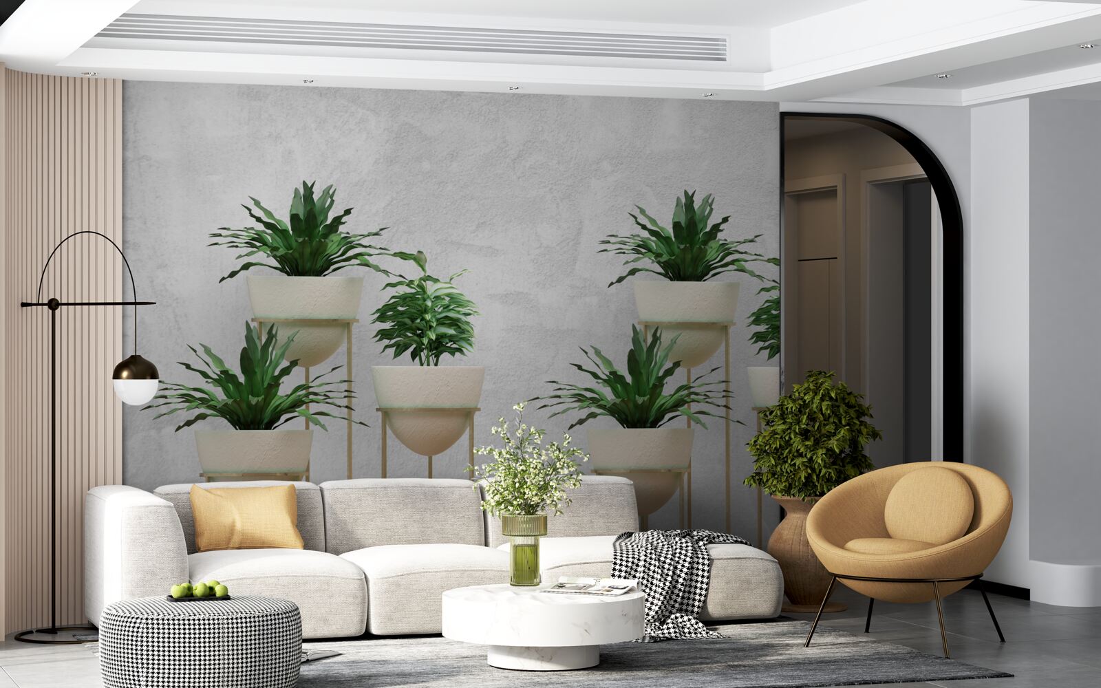 Fotobehang groene bloemen in fijne potten