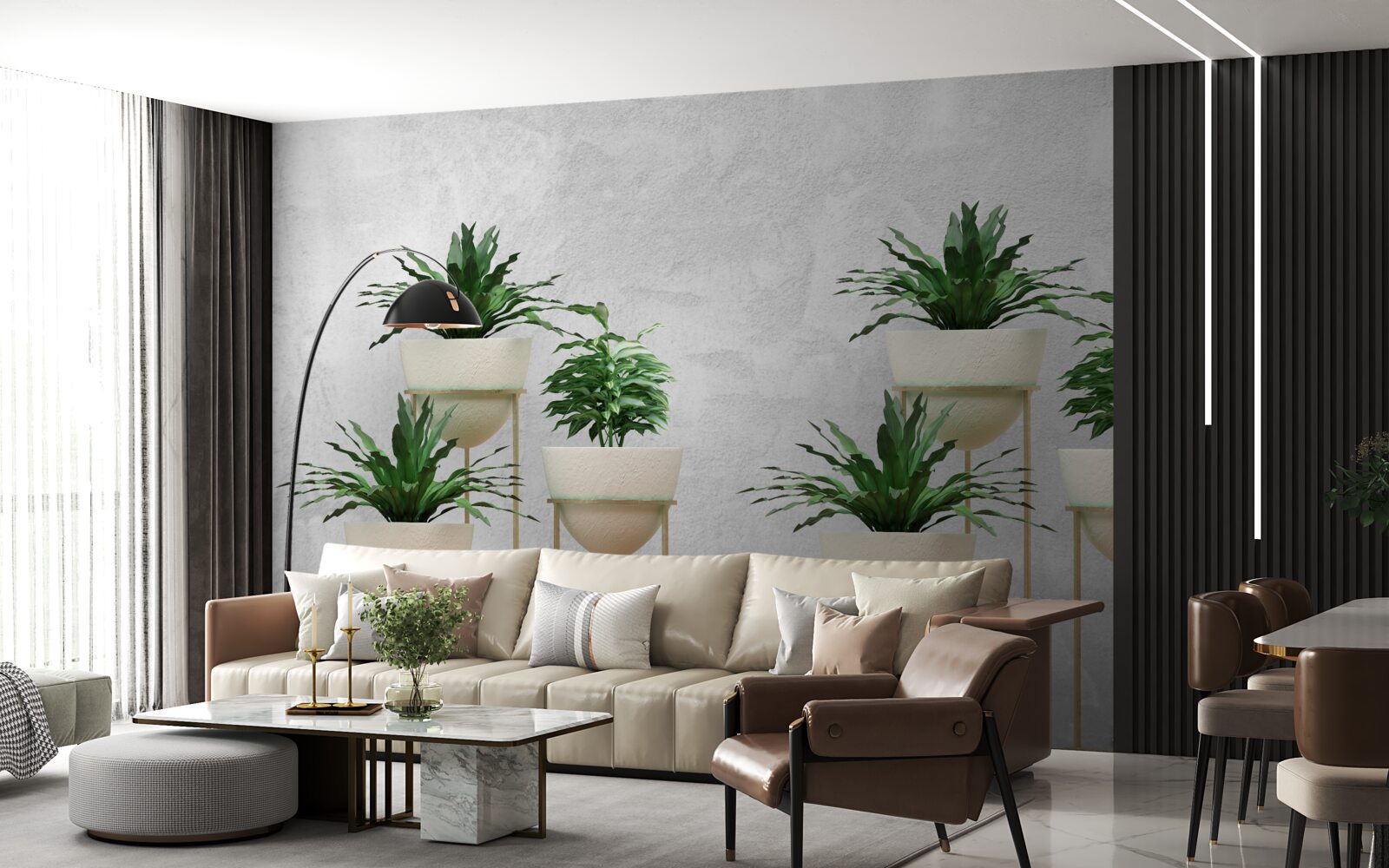 Fotobehang groene bloemen in fijne potten