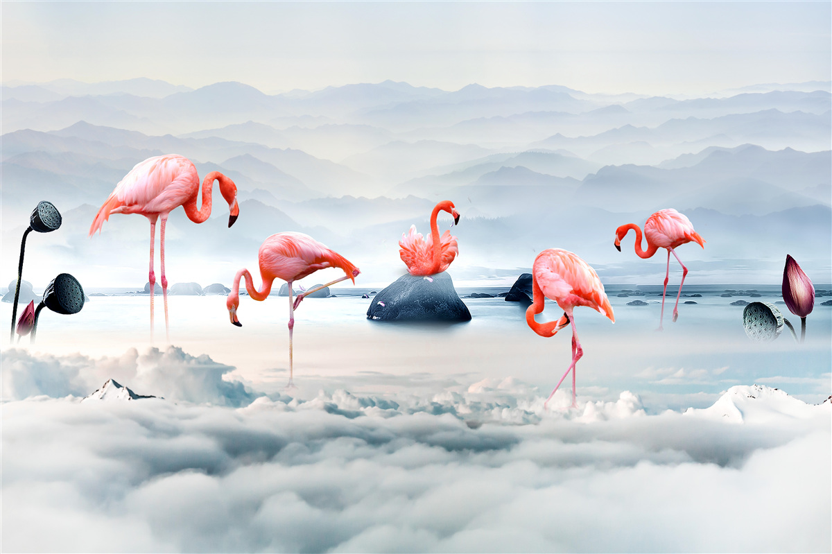 Fotobehang roze flamingo tussen de wolken