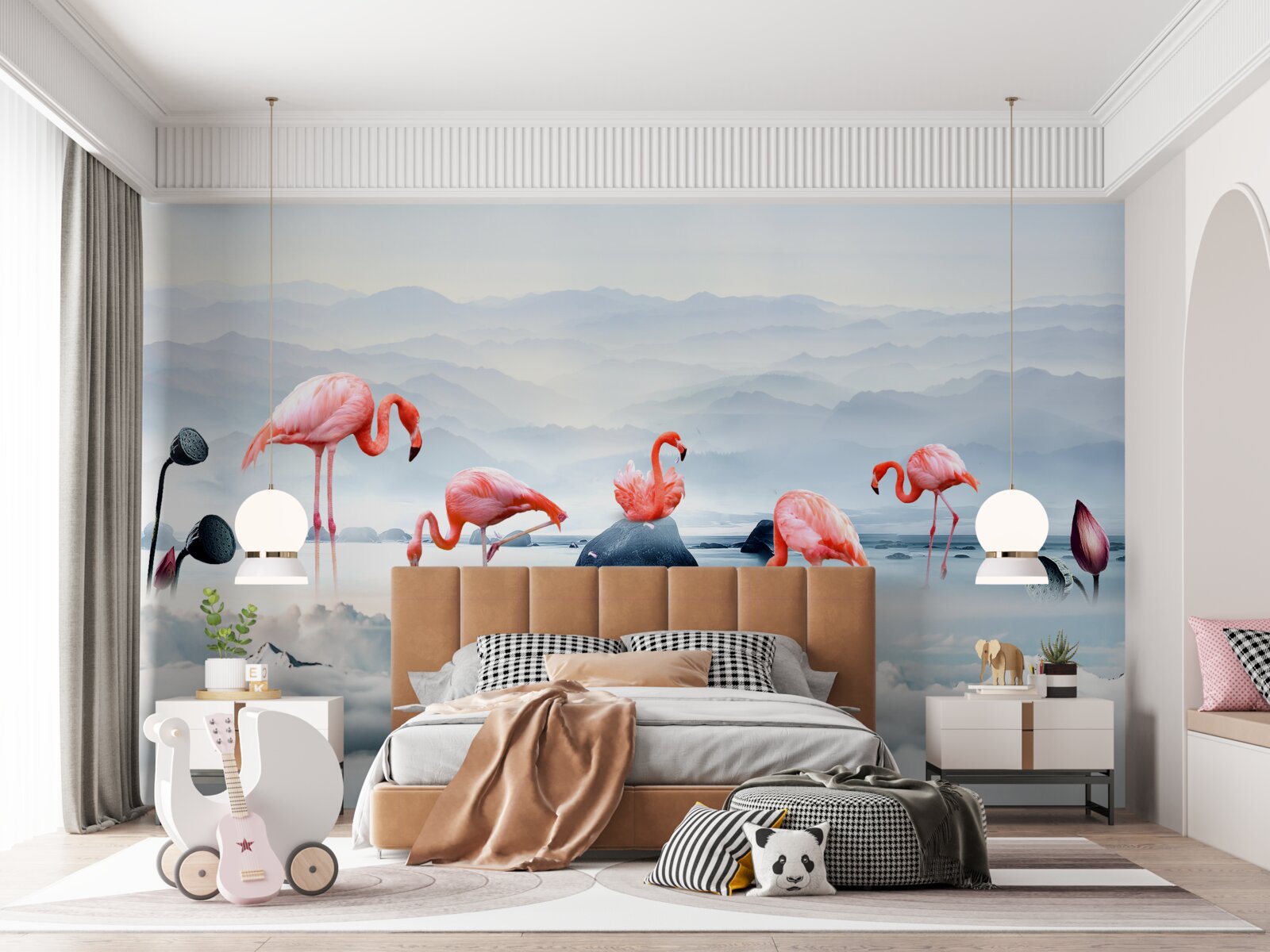 Fotobehang roze flamingo tussen de wolken