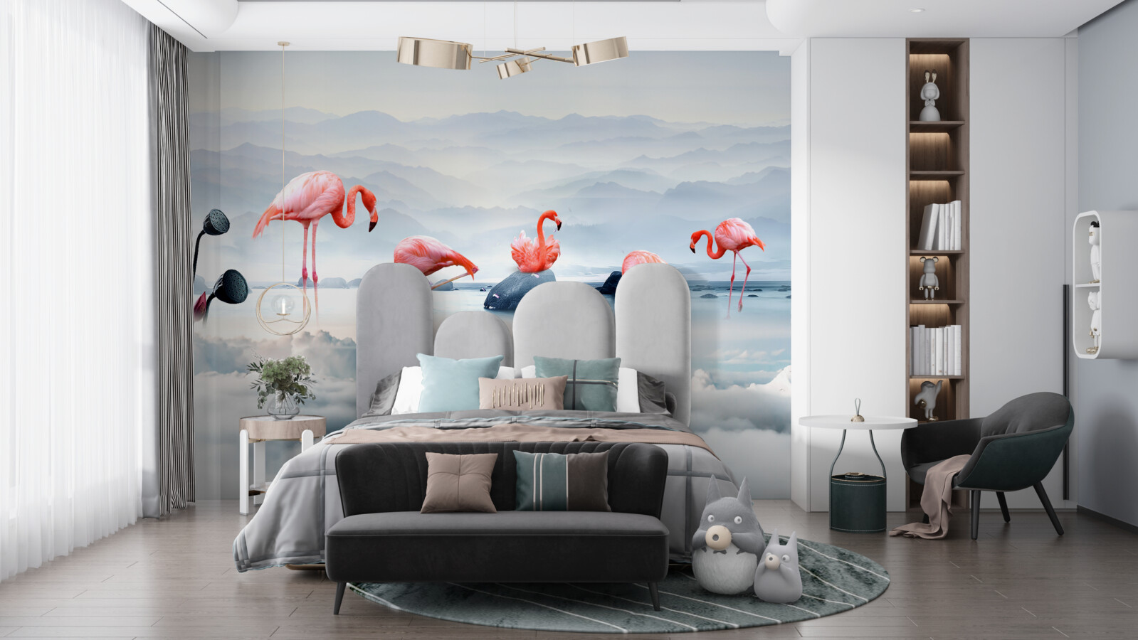 Fotobehang roze flamingo tussen de wolken