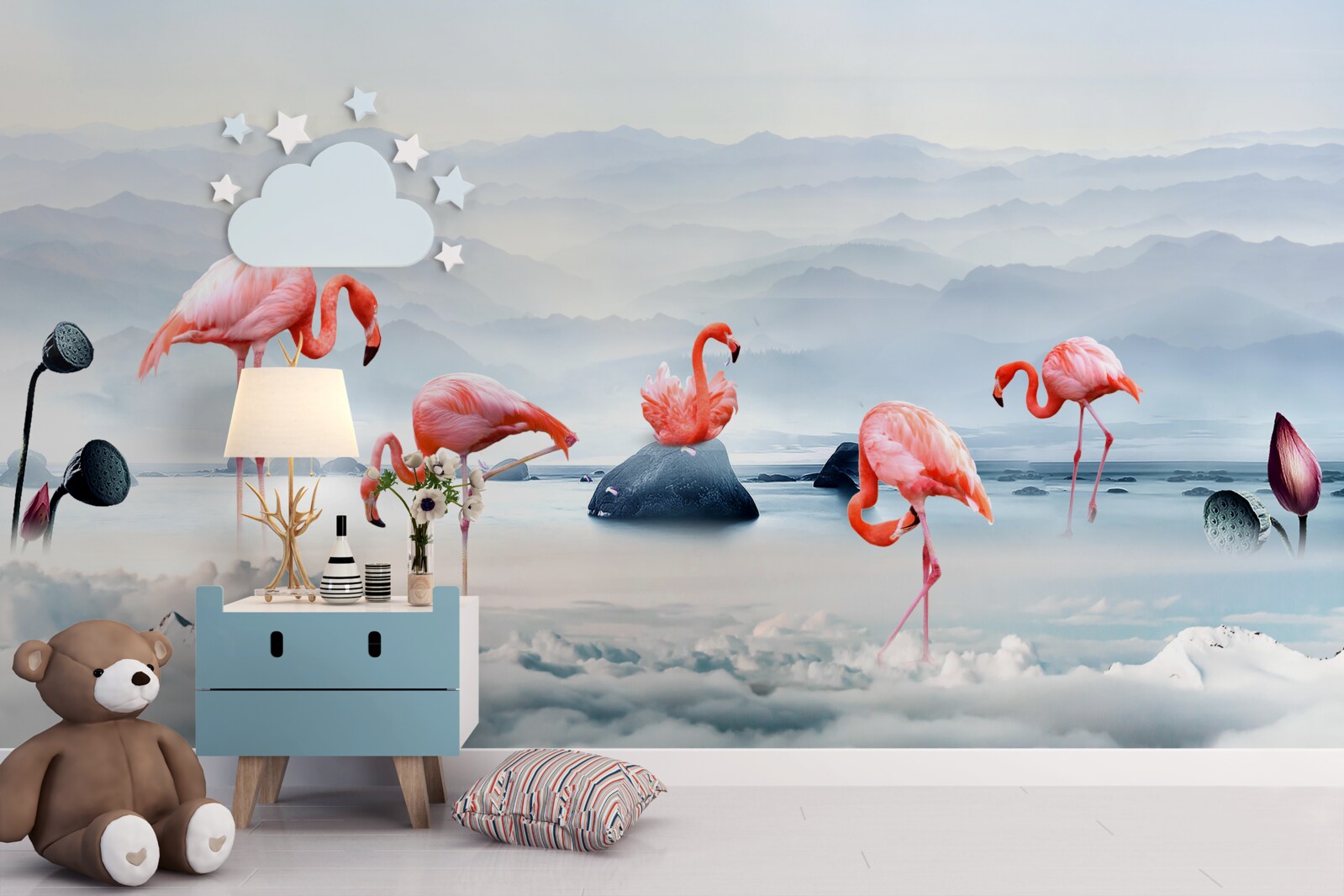 Fotobehang roze flamingo tussen de wolken