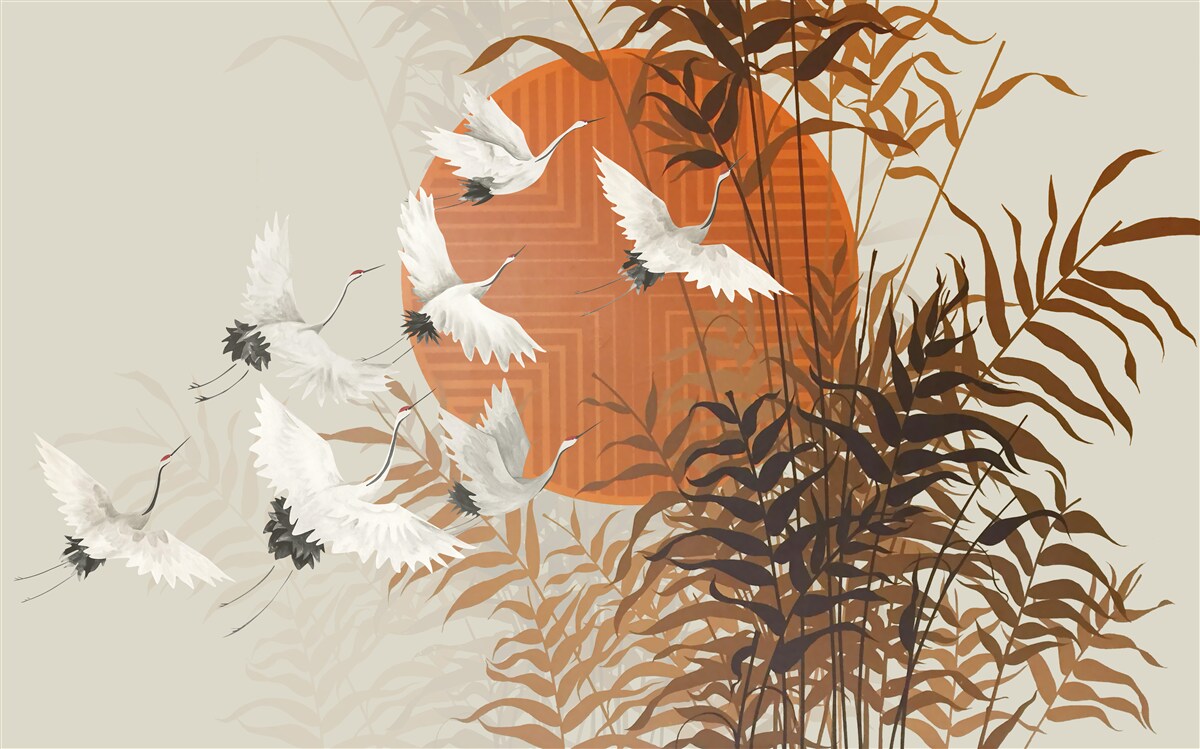 Fotobehang de zonsondergang wordt begeleid door een kleurrijke vlucht kraanvogels