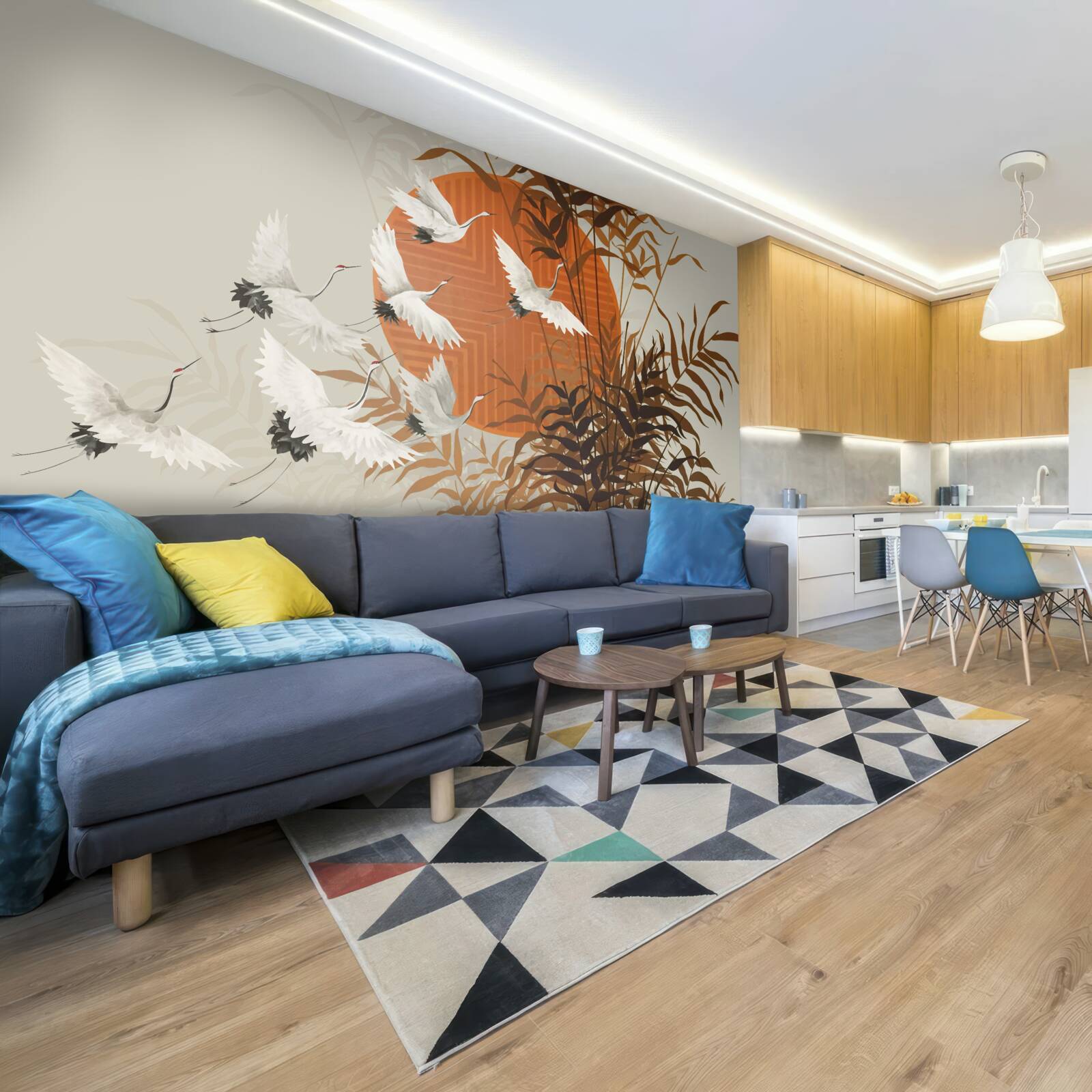 Fotobehang de zonsondergang wordt begeleid door een kleurrijke vlucht kraanvogels