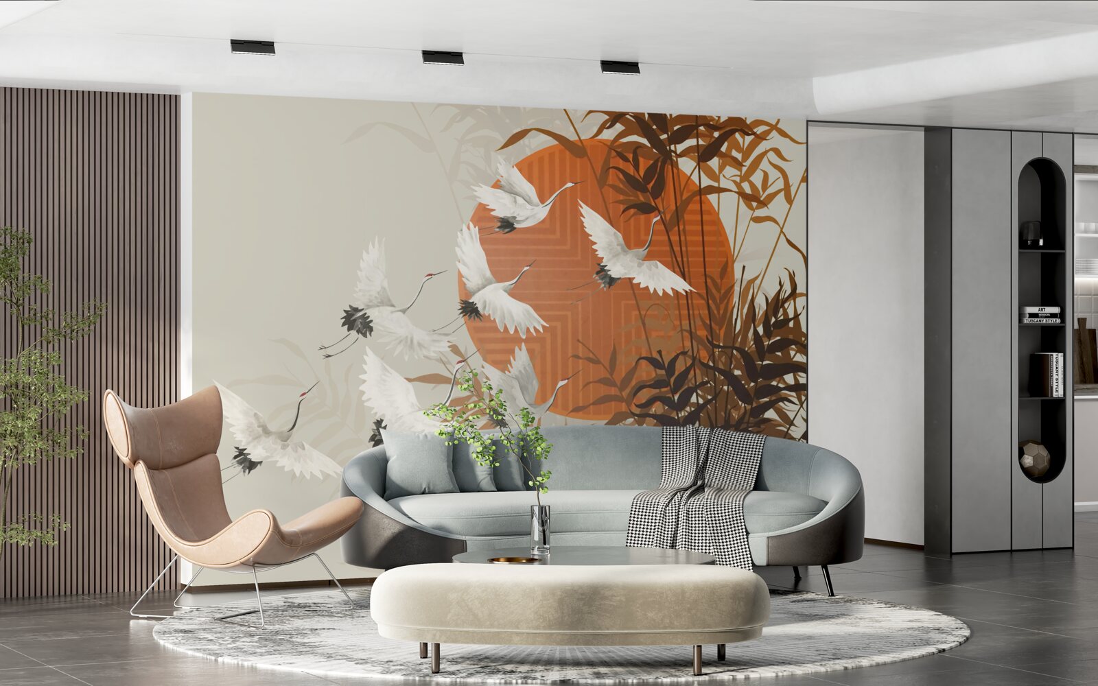 Fotobehang de zonsondergang wordt begeleid door een kleurrijke vlucht kraanvogels