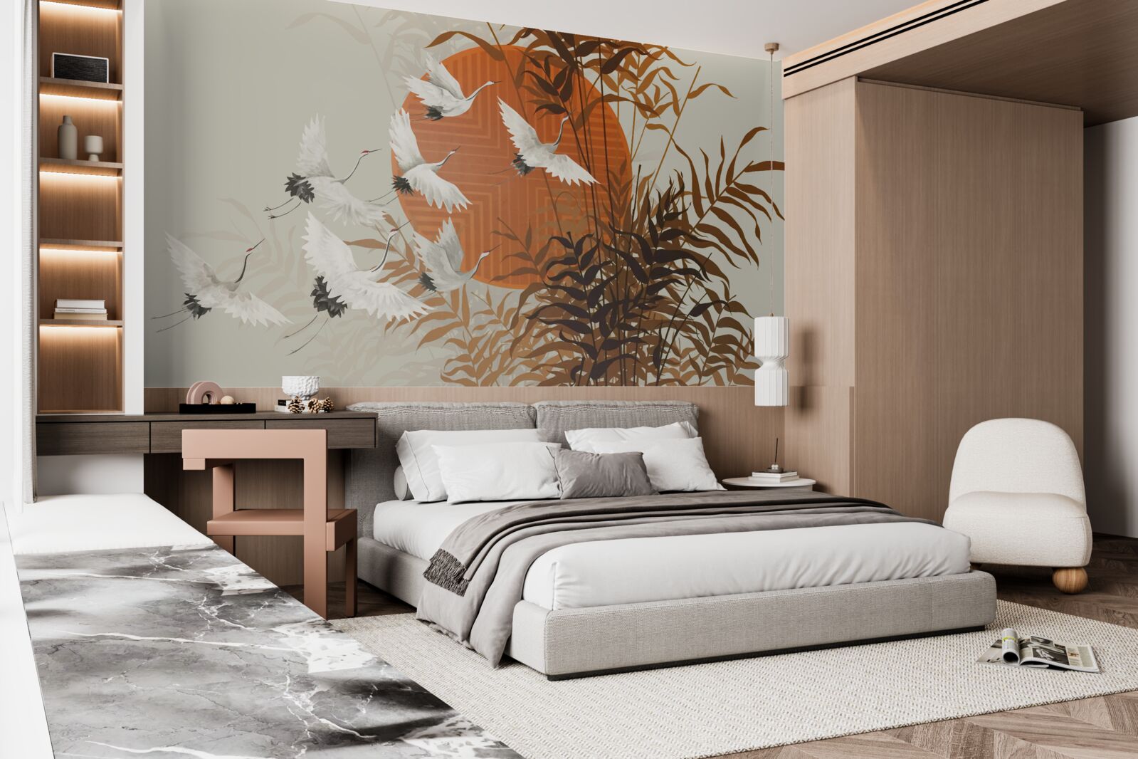 Fotobehang de zonsondergang wordt begeleid door een kleurrijke vlucht kraanvogels