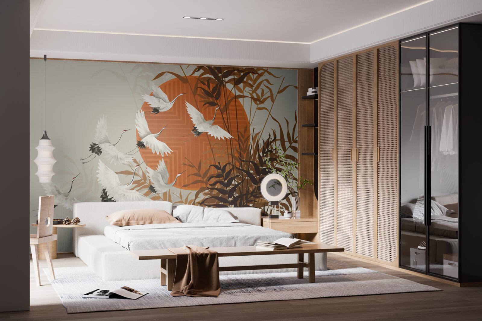 Fotobehang de zonsondergang wordt begeleid door een kleurrijke vlucht kraanvogels