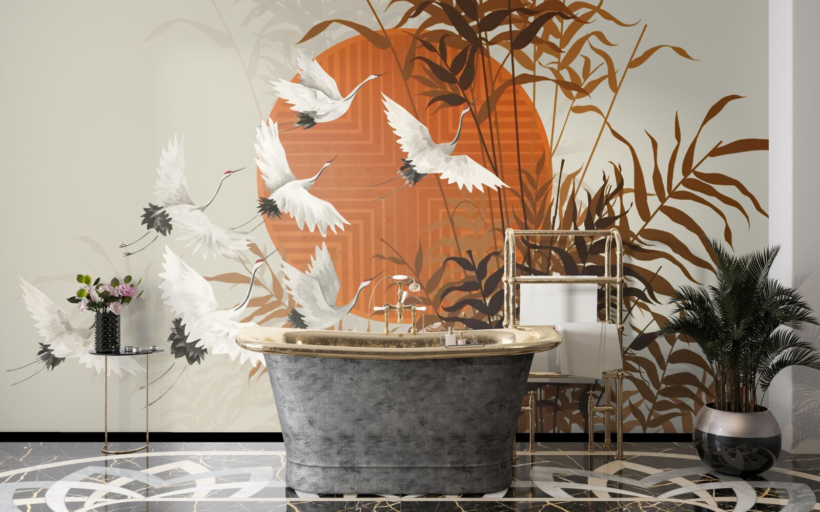 Fotobehang de zonsondergang wordt begeleid door een kleurrijke vlucht kraanvogels