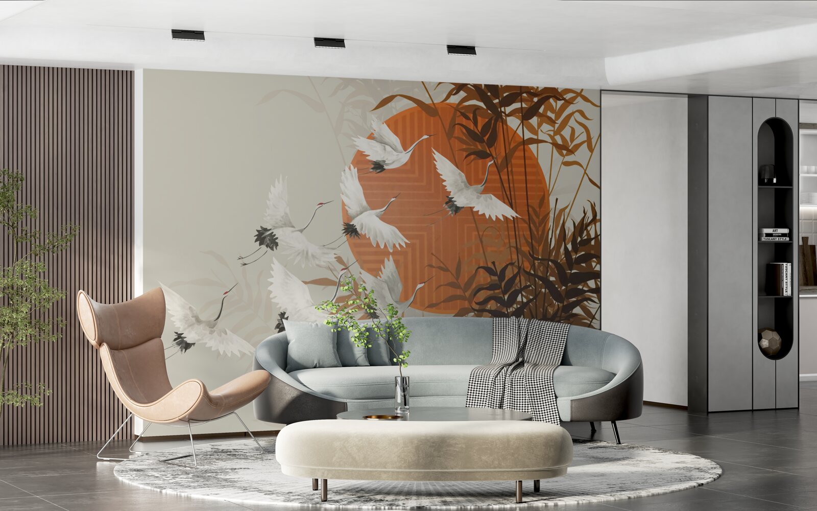 Fotobehang de zonsondergang wordt begeleid door een kleurrijke vlucht kraanvogels