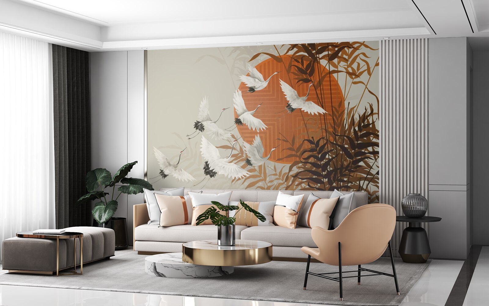 Fotobehang de zonsondergang wordt begeleid door een kleurrijke vlucht kraanvogels