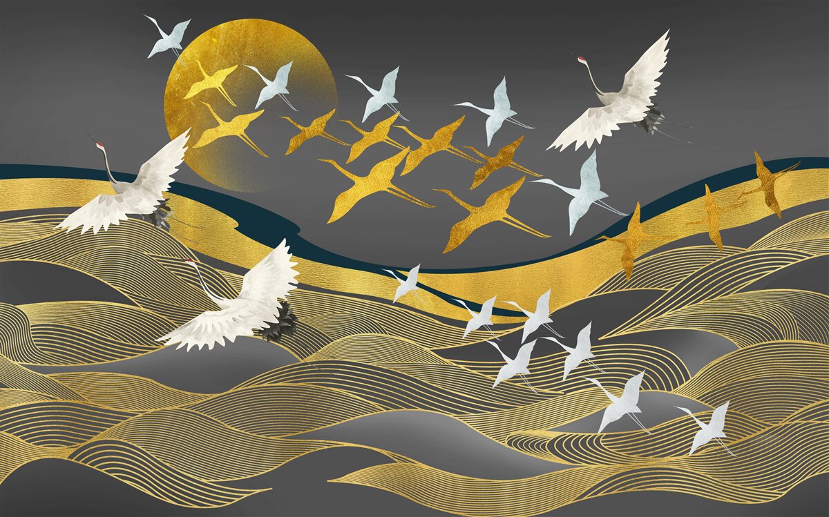 Fotobehang een groep vogels beweegt zich in de richting van het vervagende daglicht boven een prachtig stuk zee