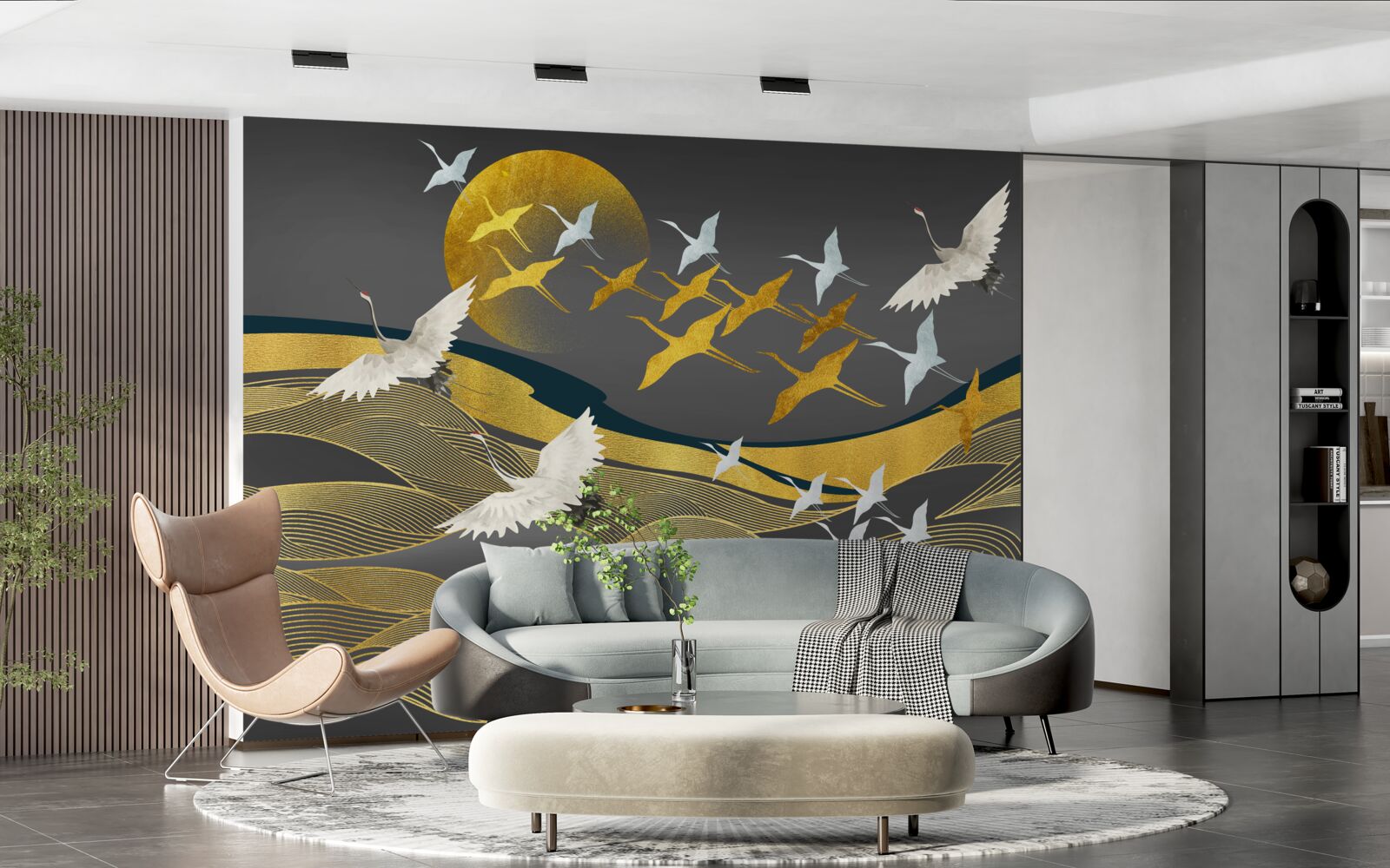 Fotobehang een groep vogels beweegt zich in de richting van het vervagende daglicht boven een prachtig stuk zee