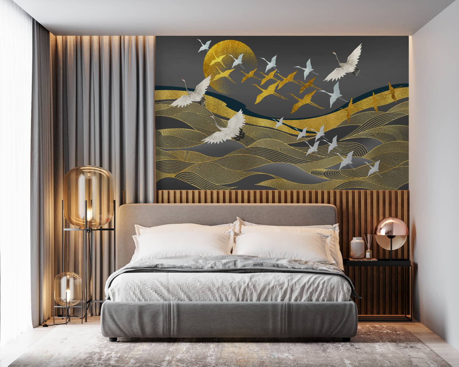 Fotobehang een groep vogels beweegt zich in de richting van het vervagende daglicht boven een prachtig stuk zee