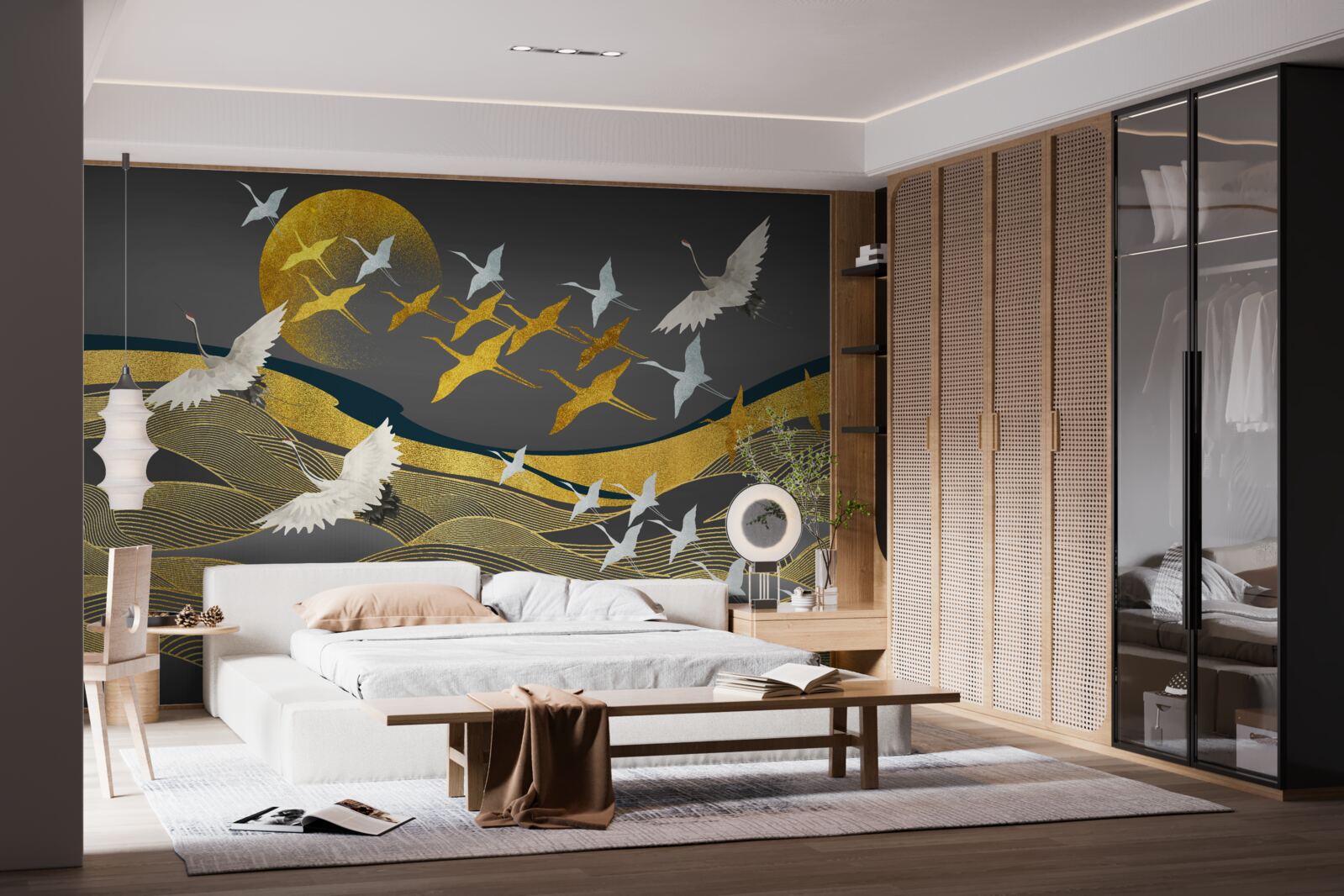 Fotobehang een groep vogels beweegt zich in de richting van het vervagende daglicht boven een prachtig stuk zee