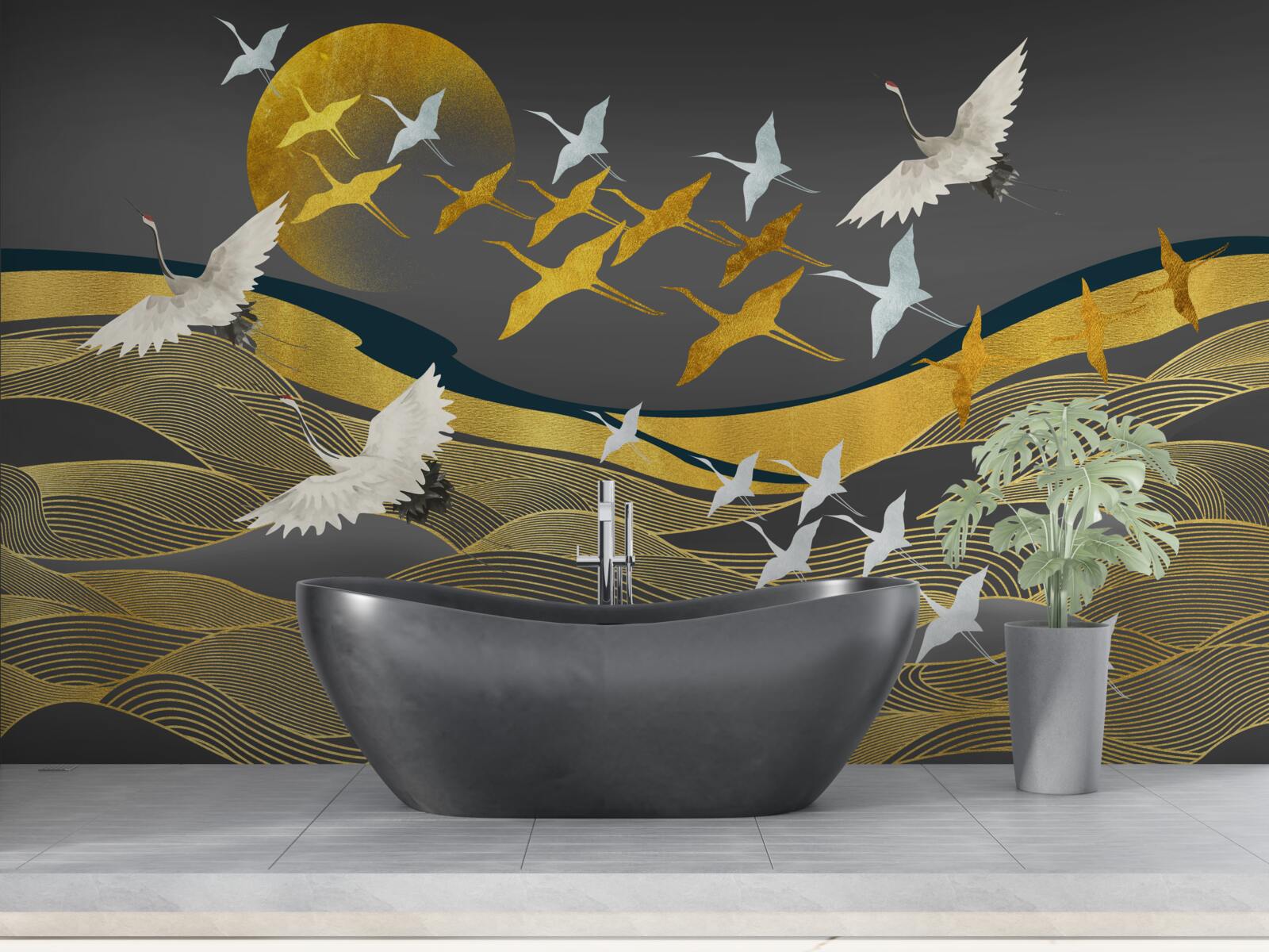 Fotobehang een groep vogels beweegt zich in de richting van het vervagende daglicht boven een prachtig stuk zee