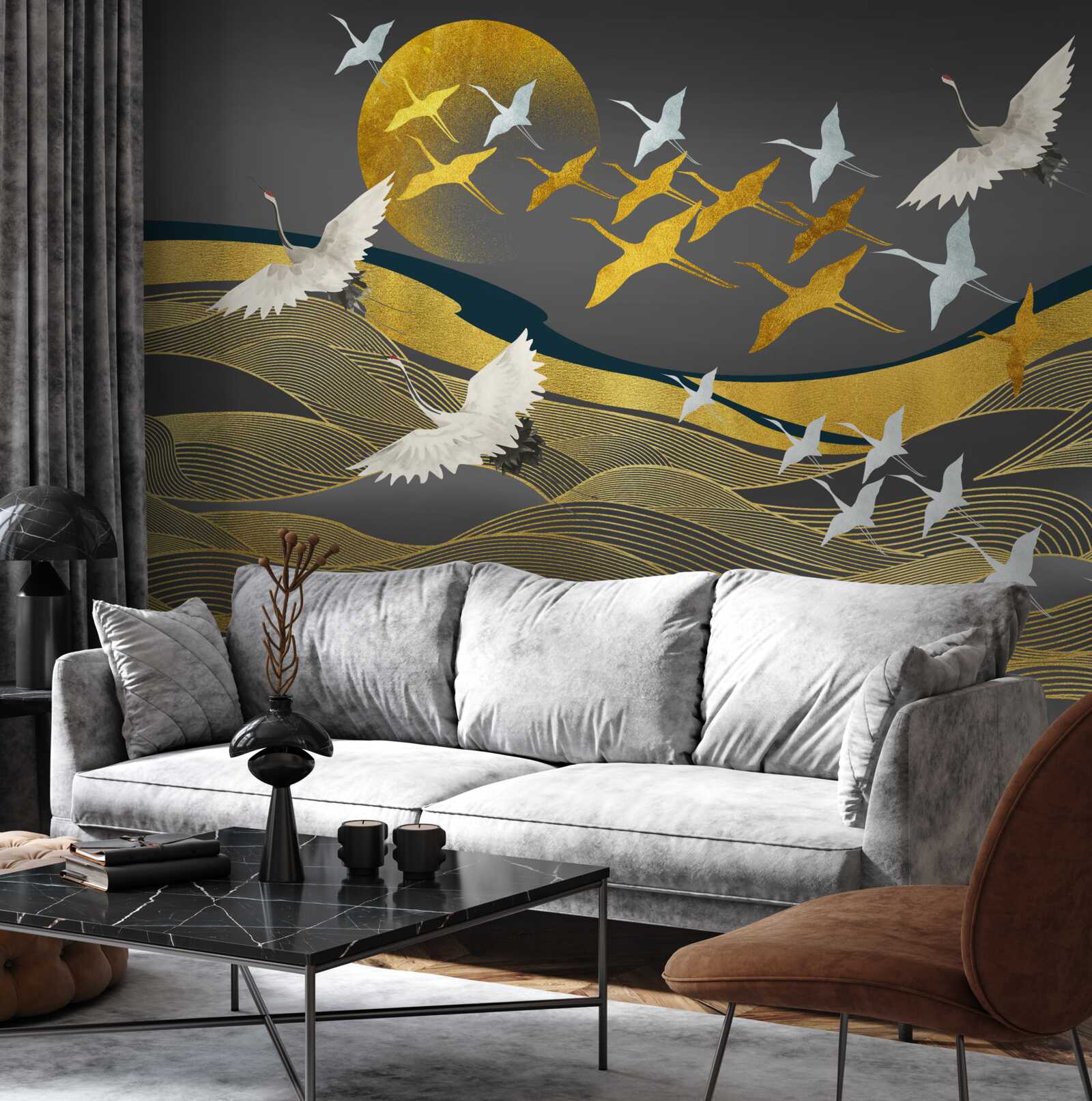 Fotobehang een groep vogels beweegt zich in de richting van het vervagende daglicht boven een prachtig stuk zee