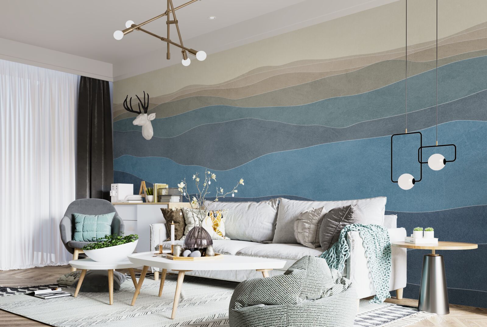 Fotobehang bij zonsopgang veelkleurige heuvels en vliegtuigen