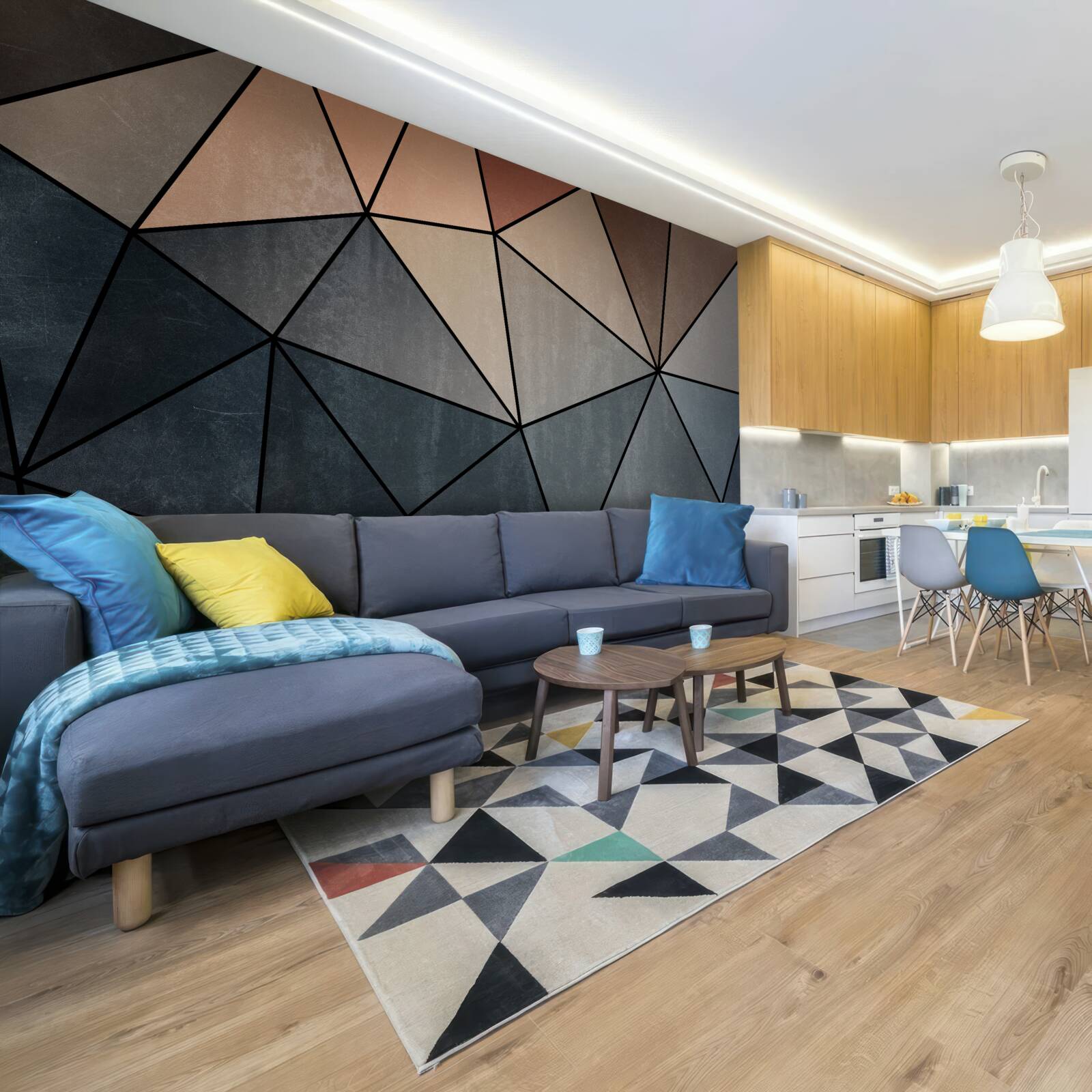 Fotobehang driedimensionale houten figuren in zachte kleuren