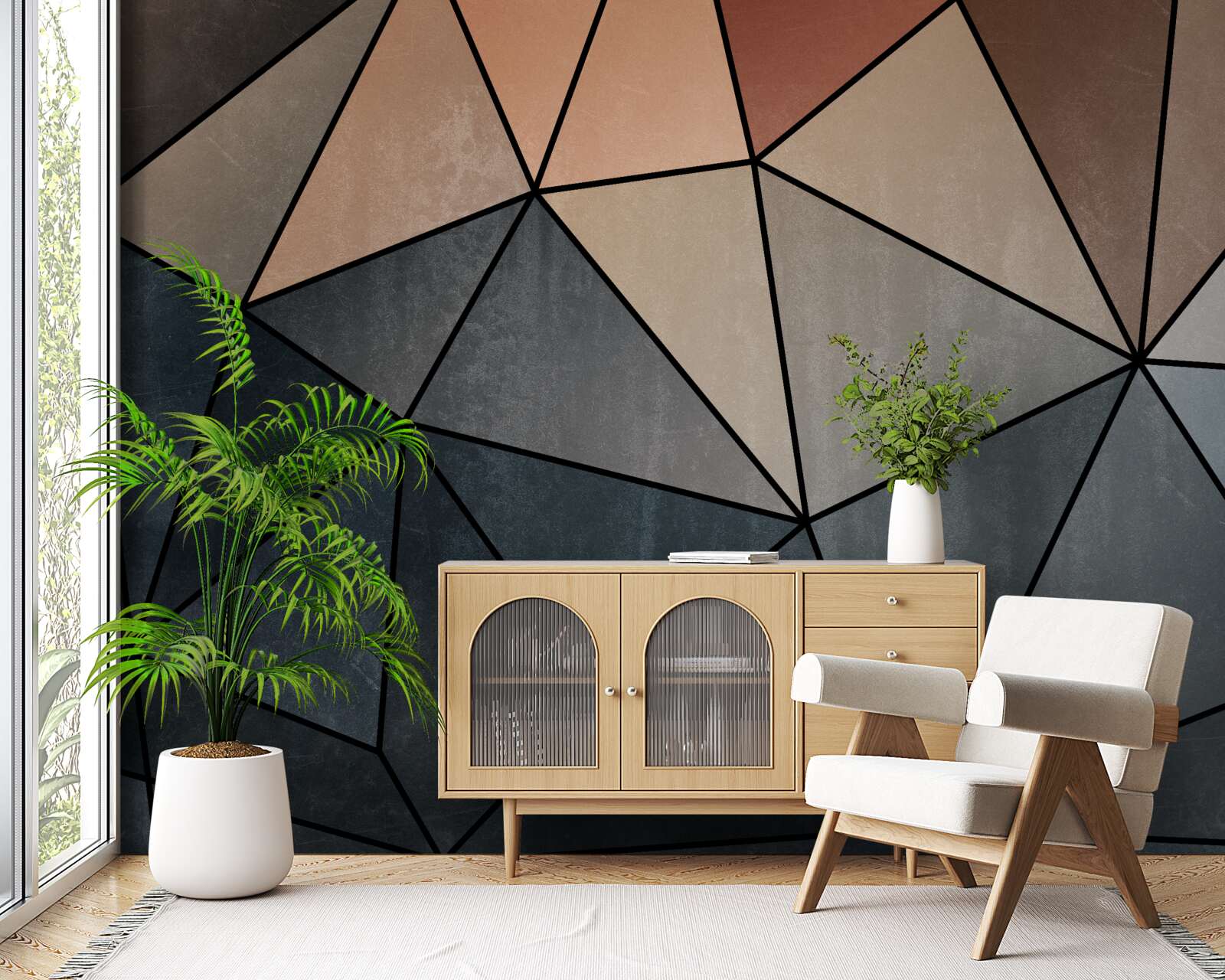 Fotobehang driedimensionale houten figuren in zachte kleuren