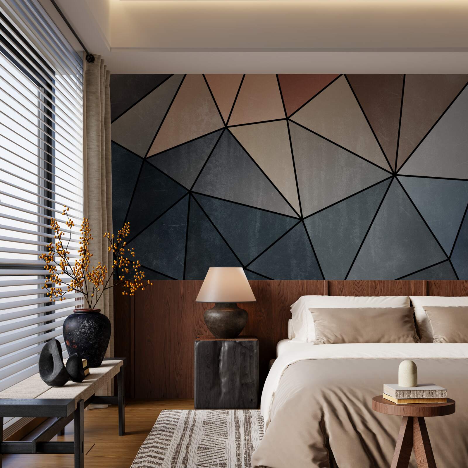 Fotobehang driedimensionale houten figuren in zachte kleuren