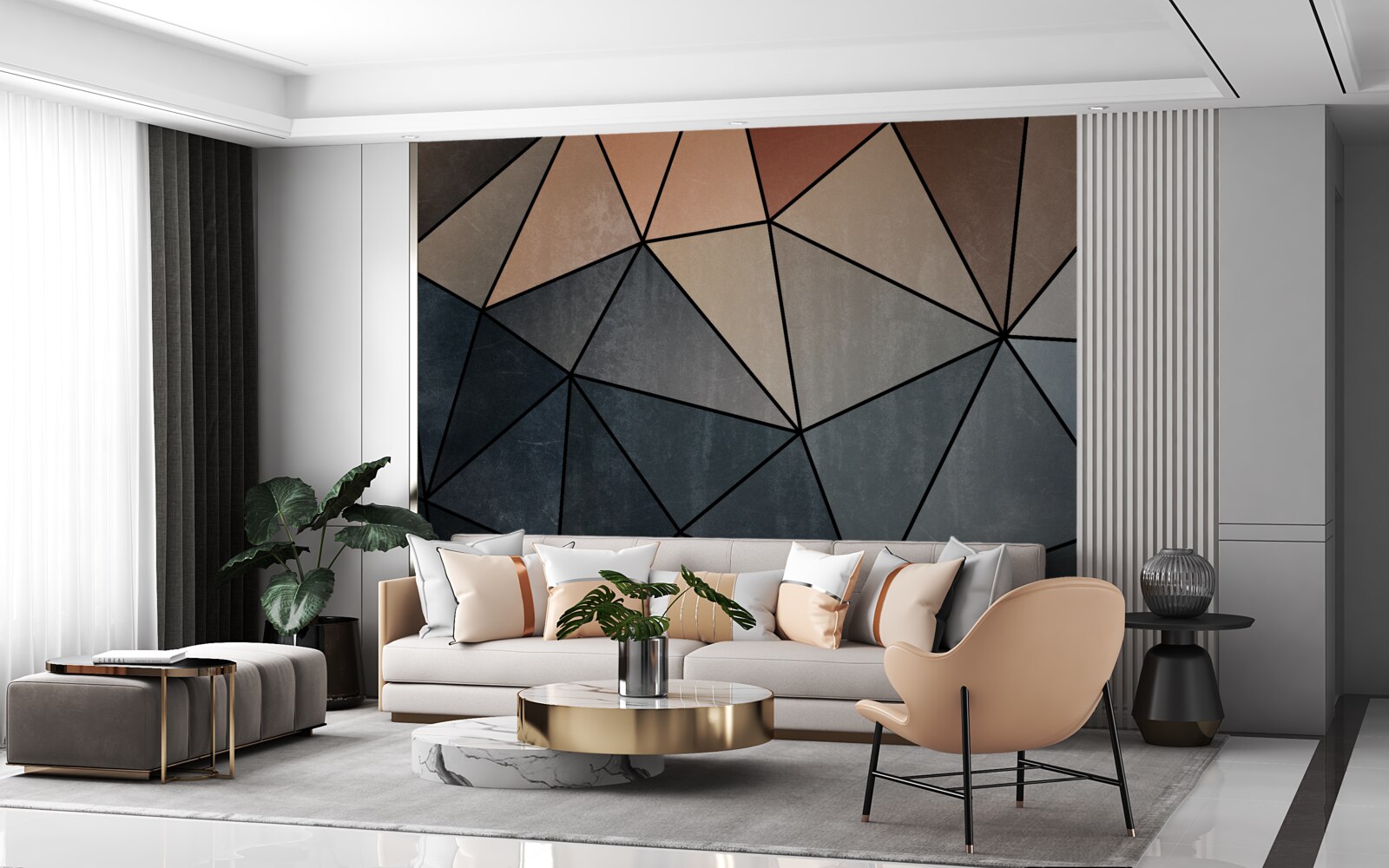 Fotobehang driedimensionale houten figuren in zachte kleuren