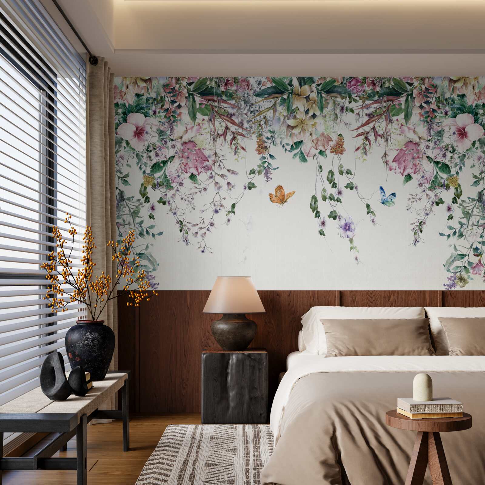 Fotobehang een tuin waar grondplanten in de zomer bloeien