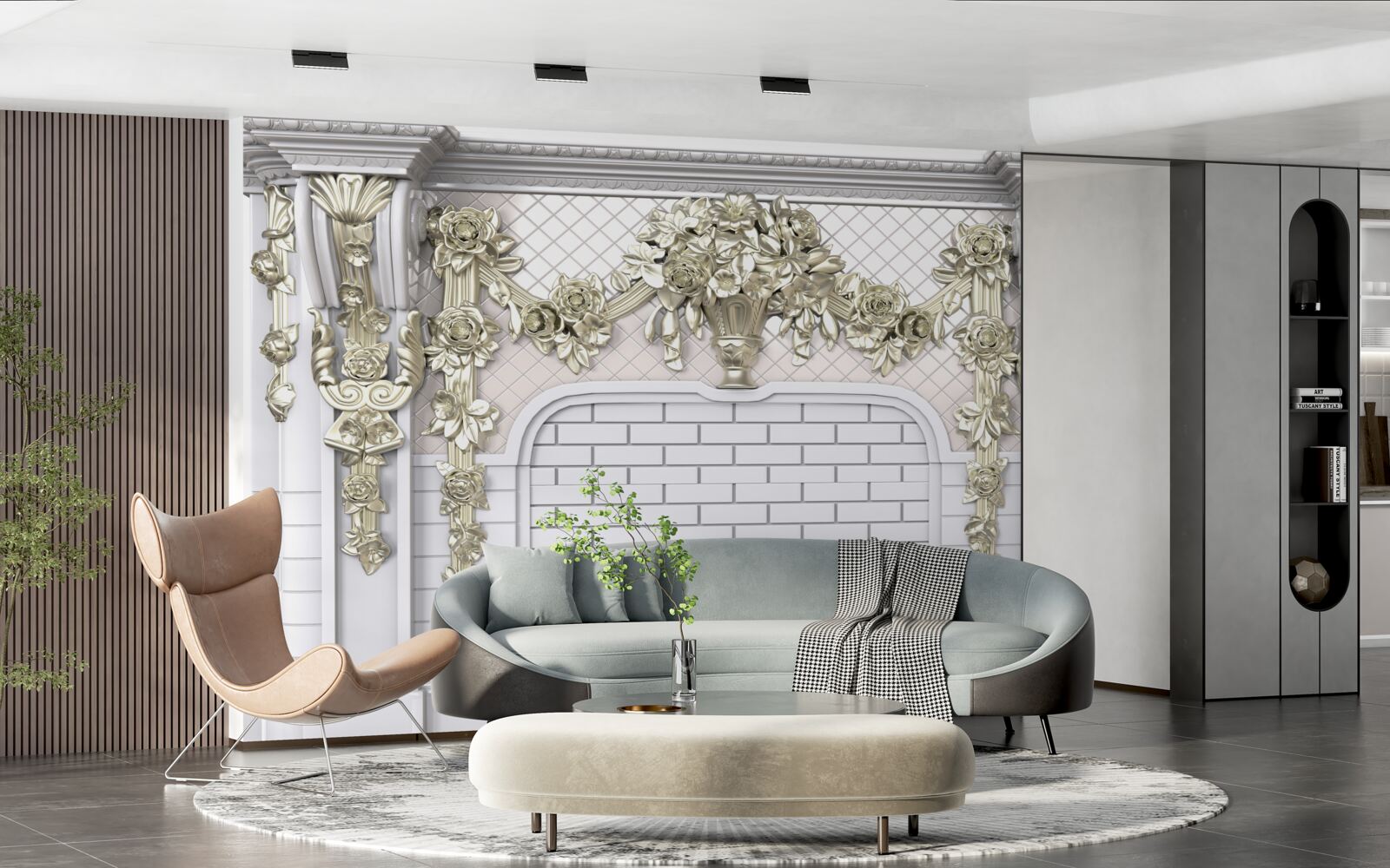 Fotobehang open haard, rijkelijk gedecoreerd