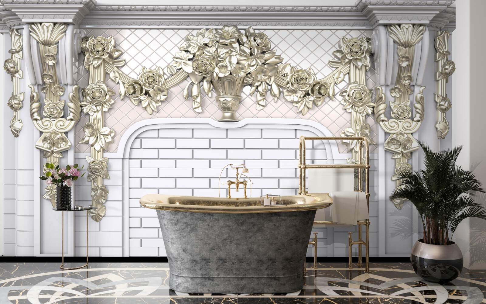 Fotobehang open haard, rijkelijk gedecoreerd