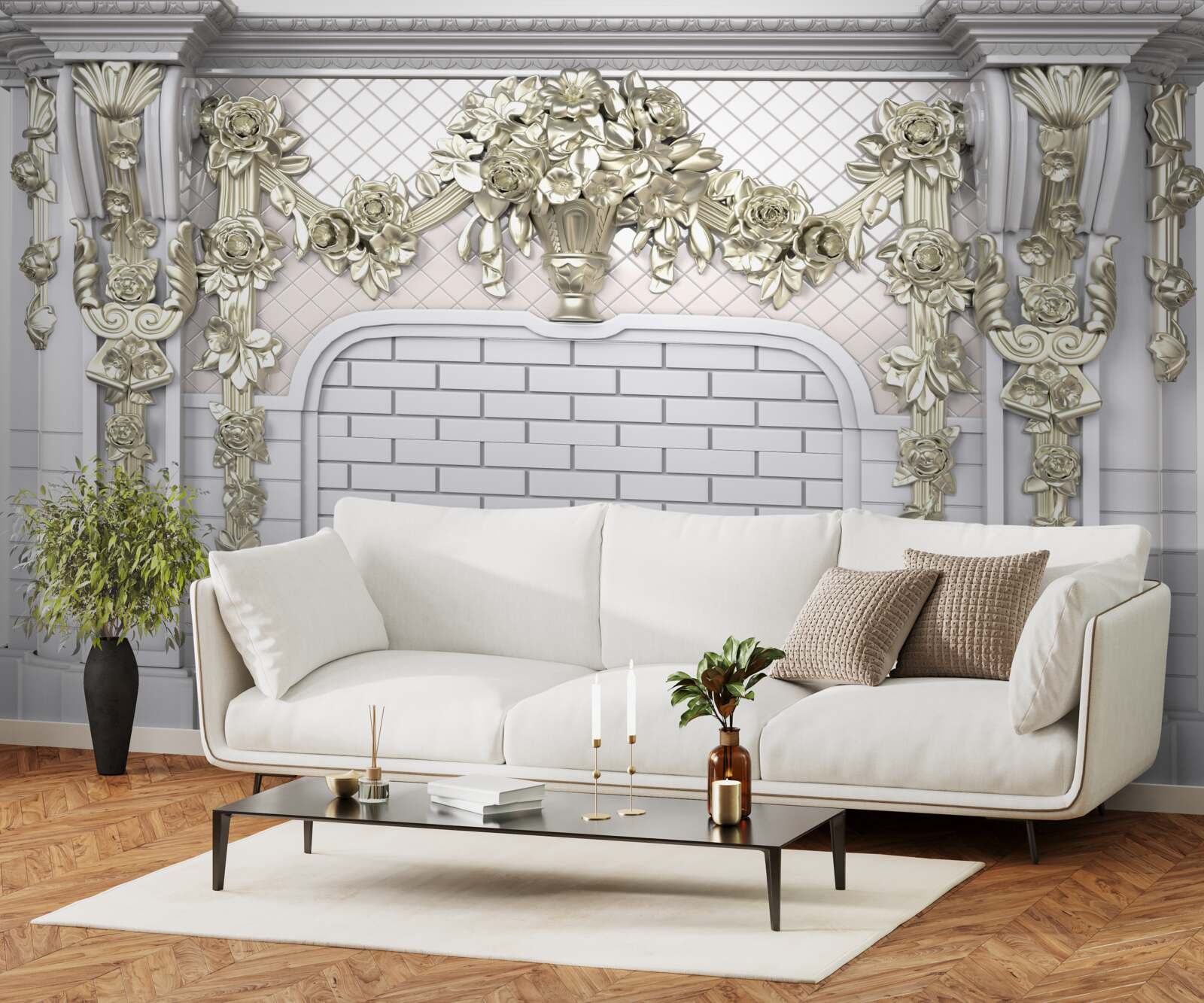 Fotobehang open haard, rijkelijk gedecoreerd