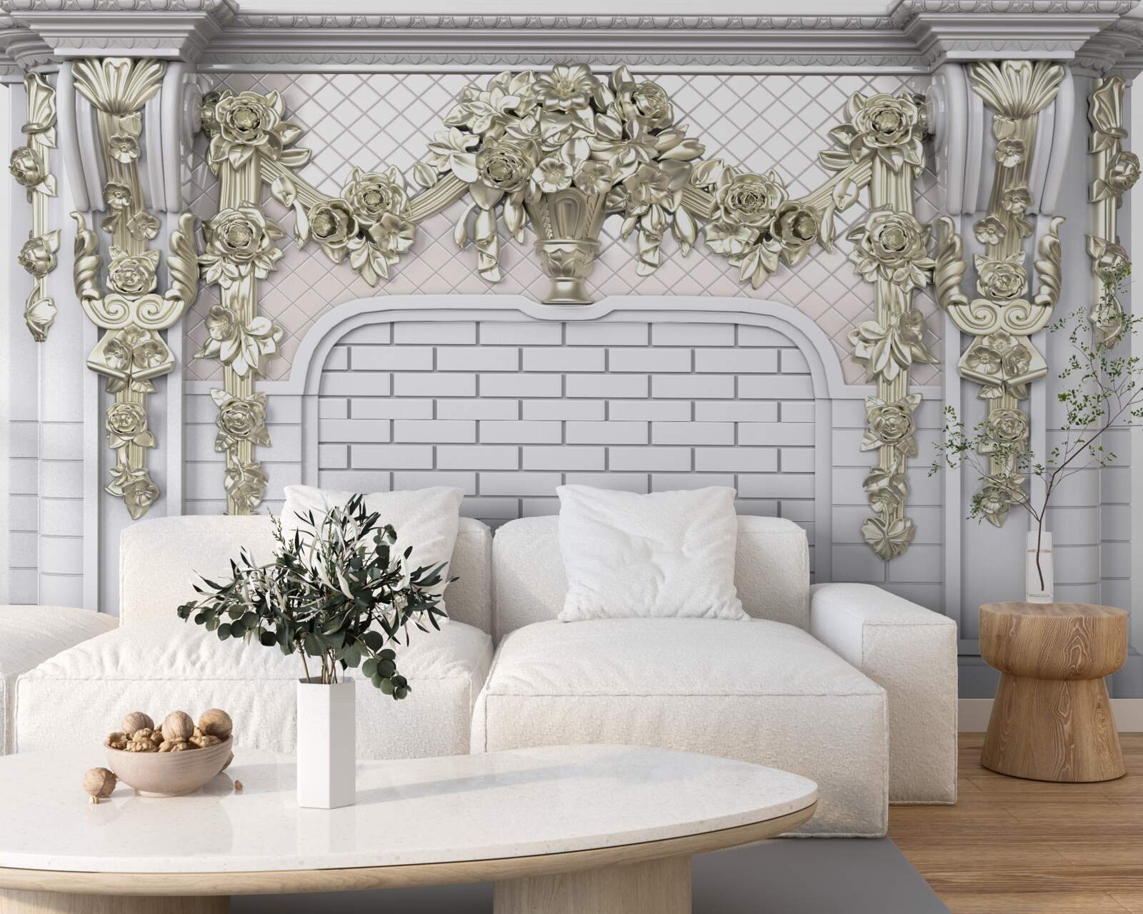 Fotobehang open haard, rijkelijk gedecoreerd