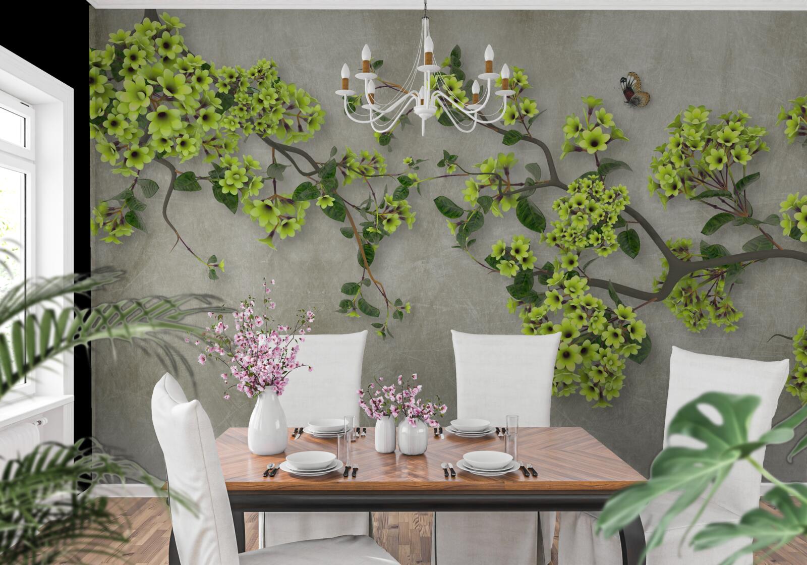 Fotobehang magnolia tak bezaaid met weelderige groene knoppen