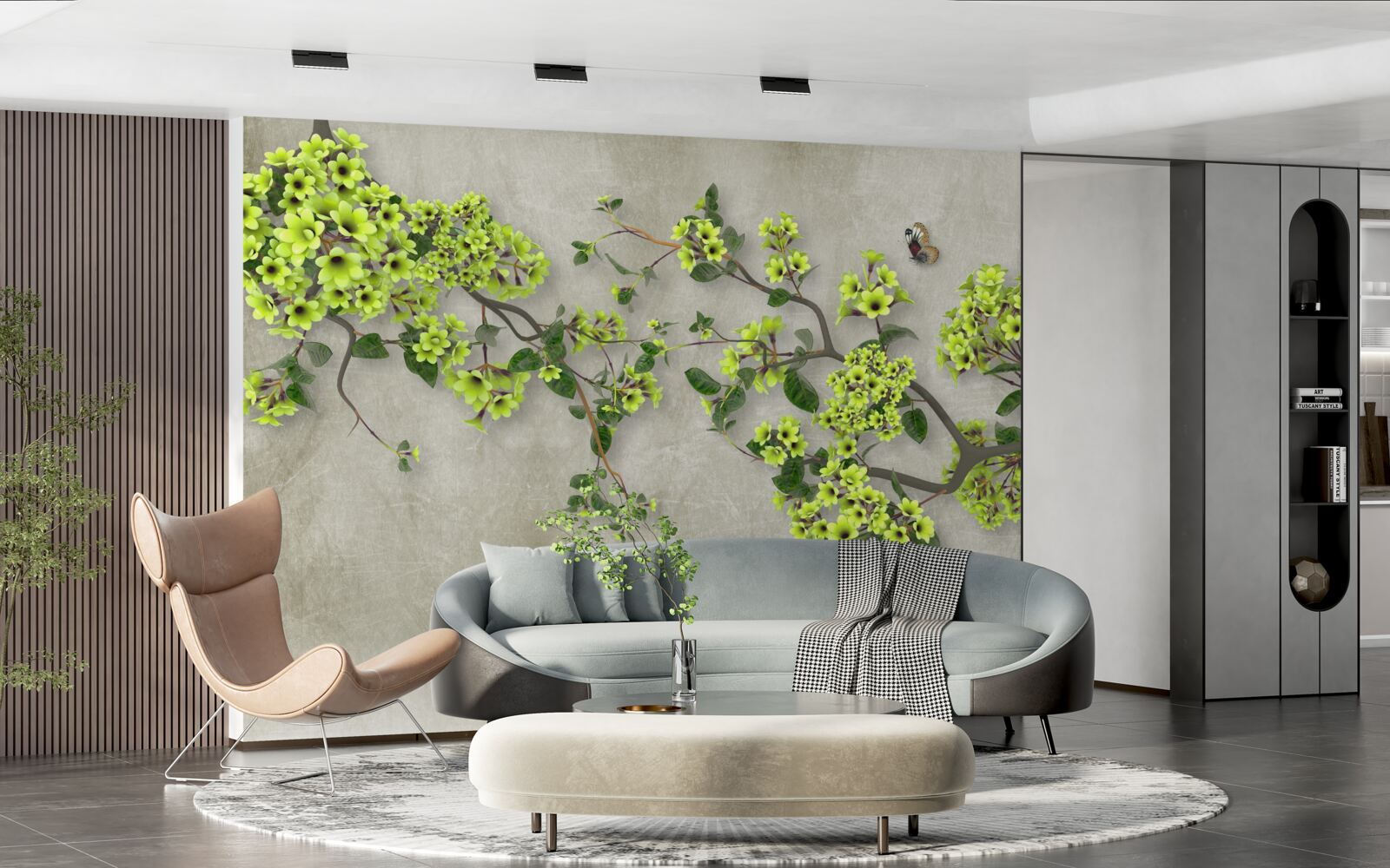 Fotobehang magnolia tak bezaaid met weelderige groene knoppen