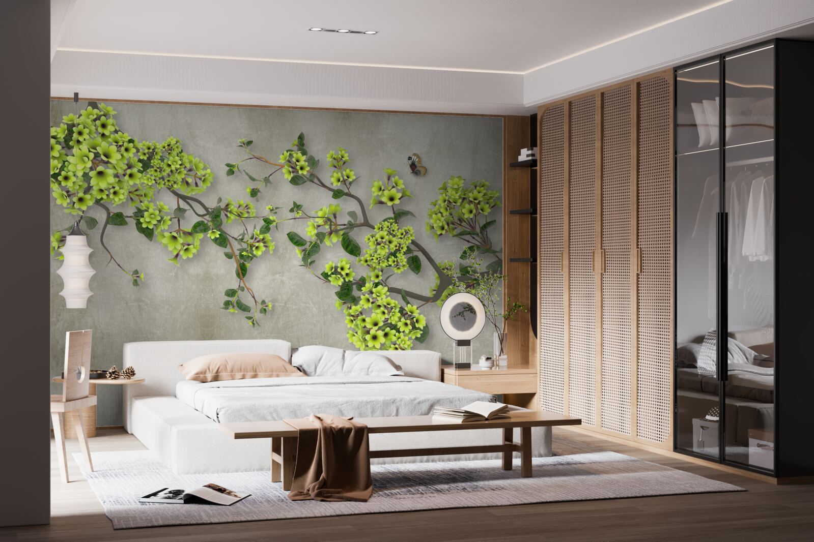 Fotobehang magnolia tak bezaaid met weelderige groene knoppen