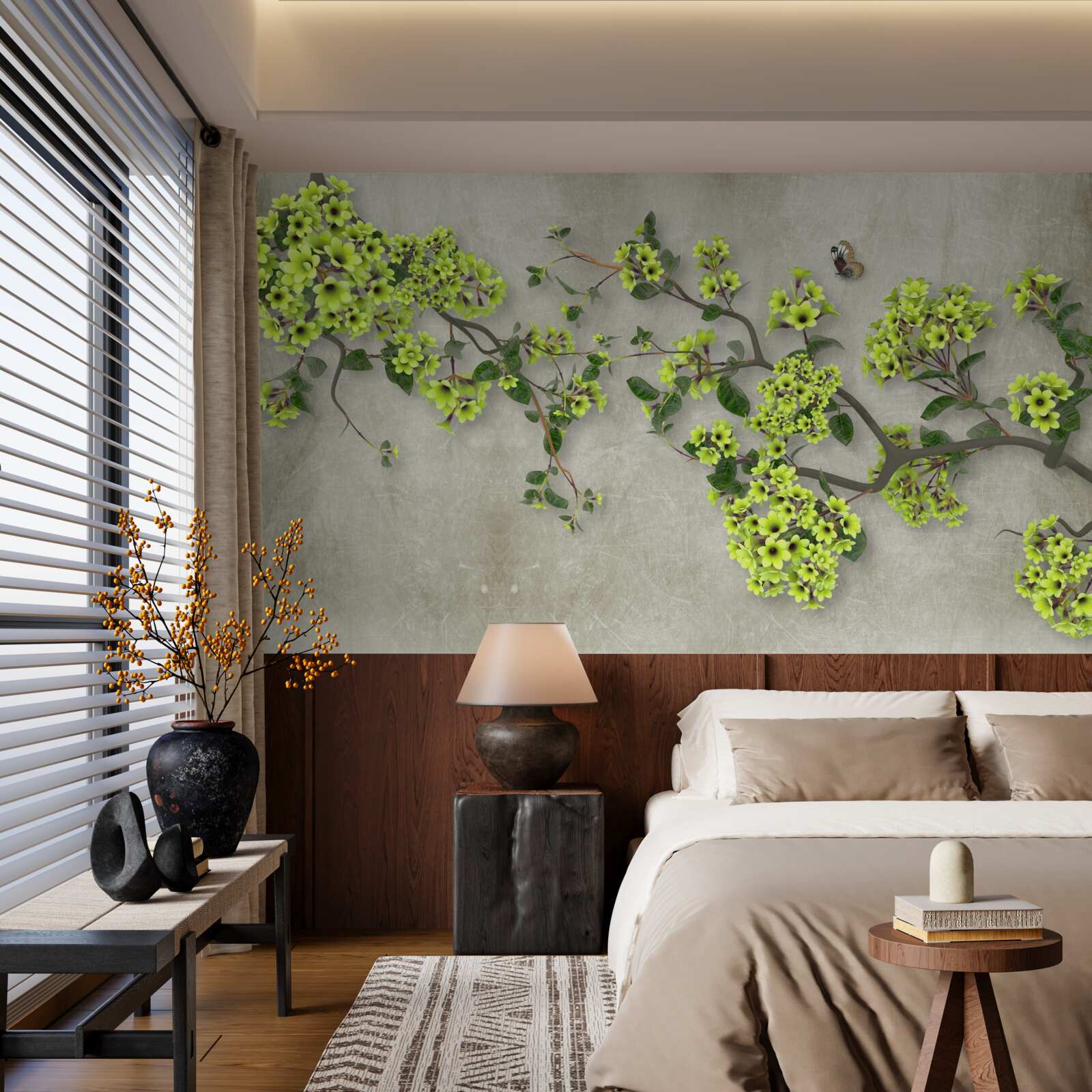 Fotobehang magnolia tak bezaaid met weelderige groene knoppen