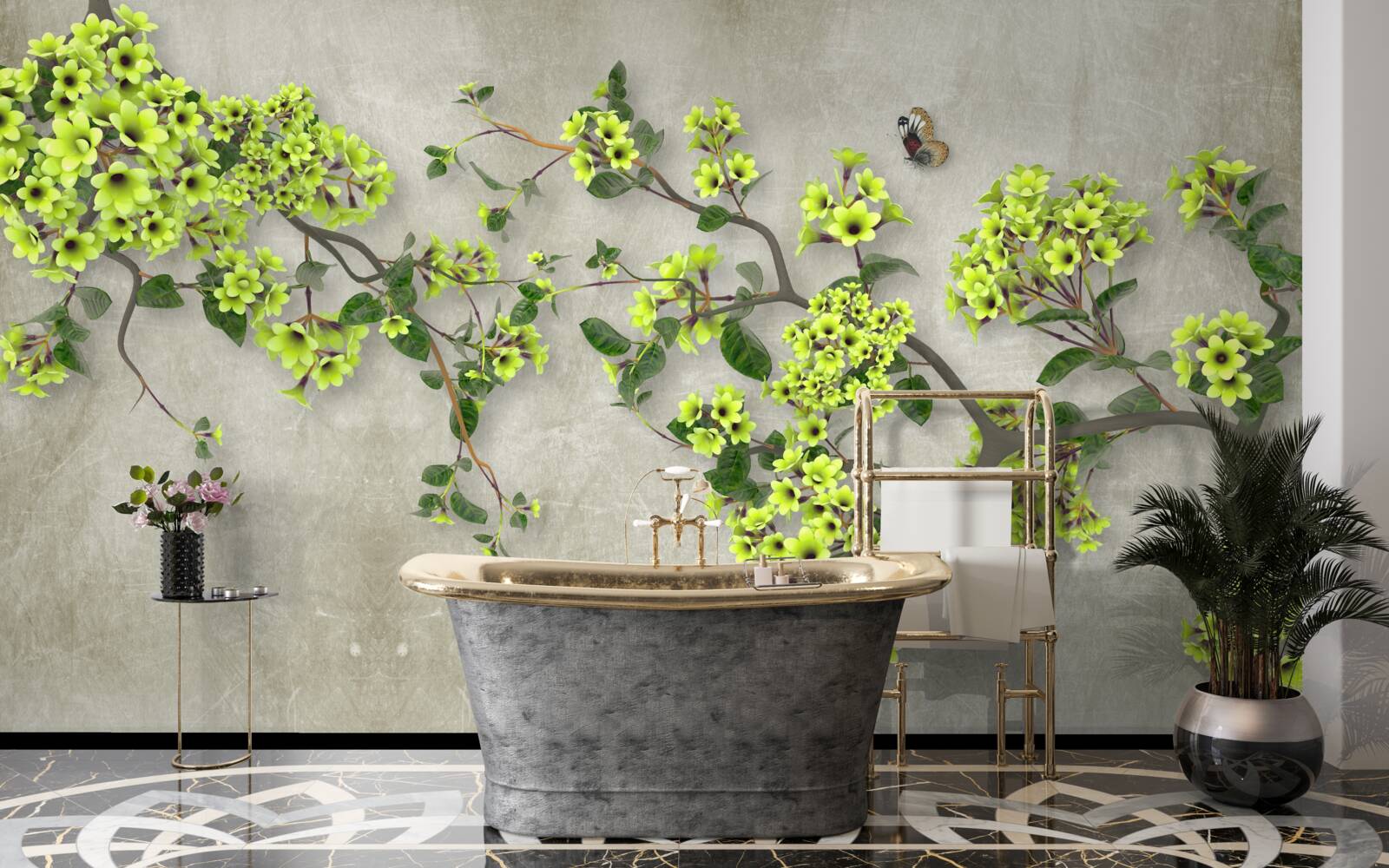 Fotobehang magnolia tak bezaaid met weelderige groene knoppen