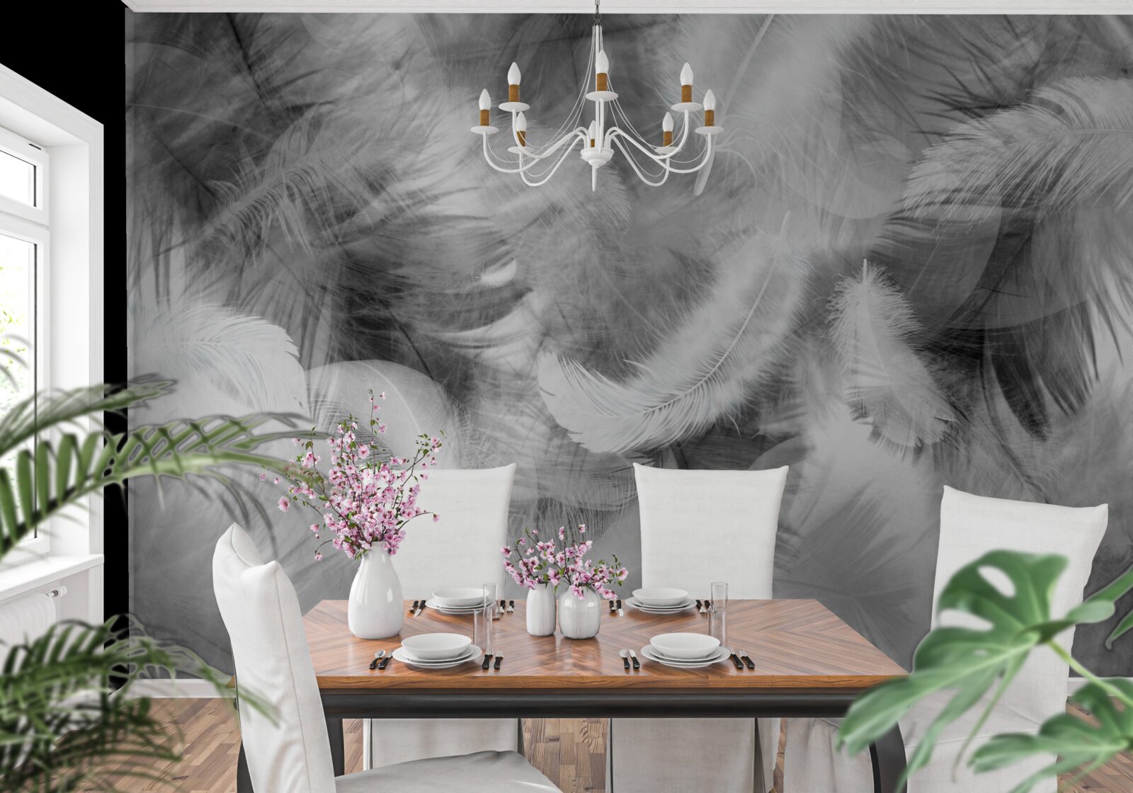 Fotobehang zwarte en witte veren zweven in de lucht