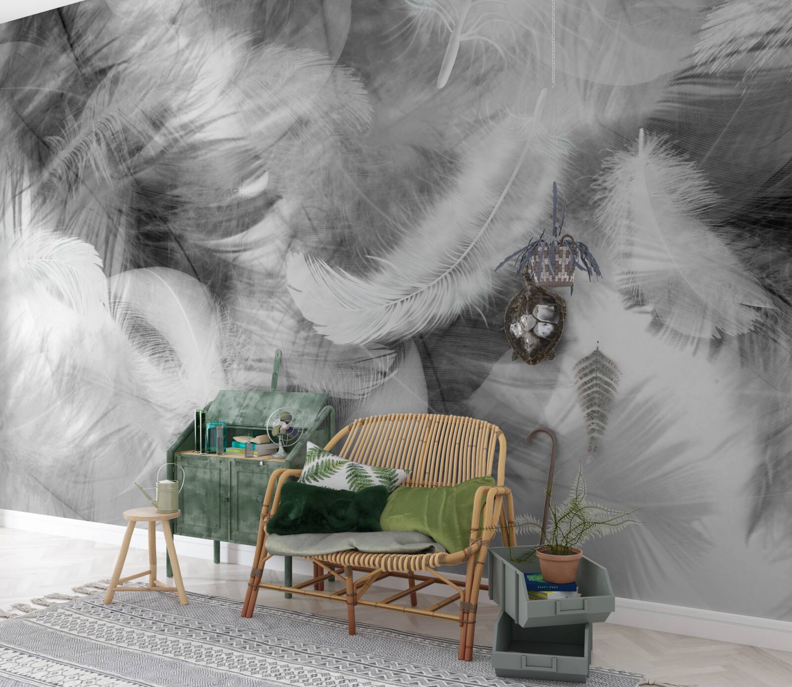 Fotobehang zwarte en witte veren zweven in de lucht