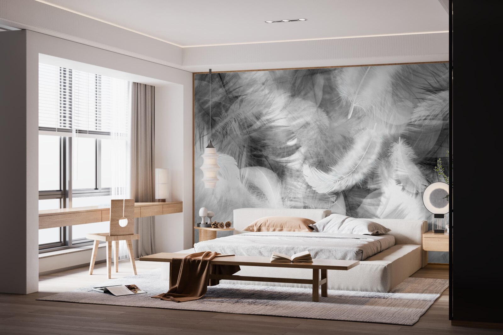 Fotobehang zwarte en witte veren zweven in de lucht