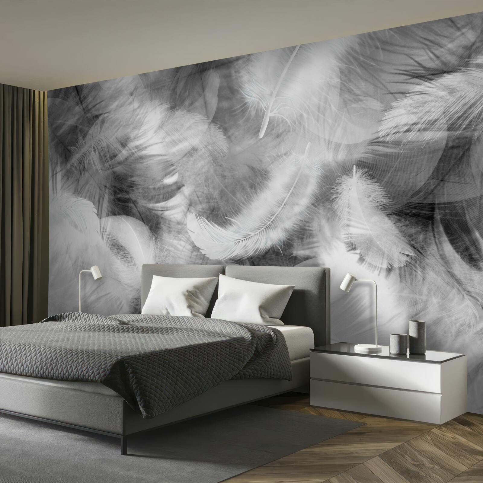 Fotobehang zwarte en witte veren zweven in de lucht