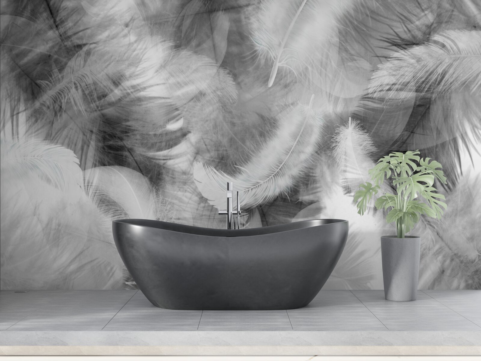 Fotobehang zwarte en witte veren zweven in de lucht