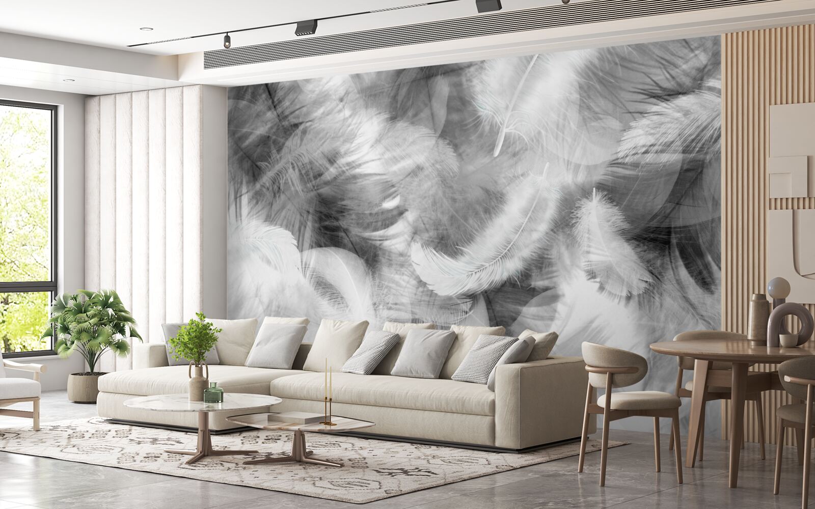 Fotobehang zwarte en witte veren zweven in de lucht