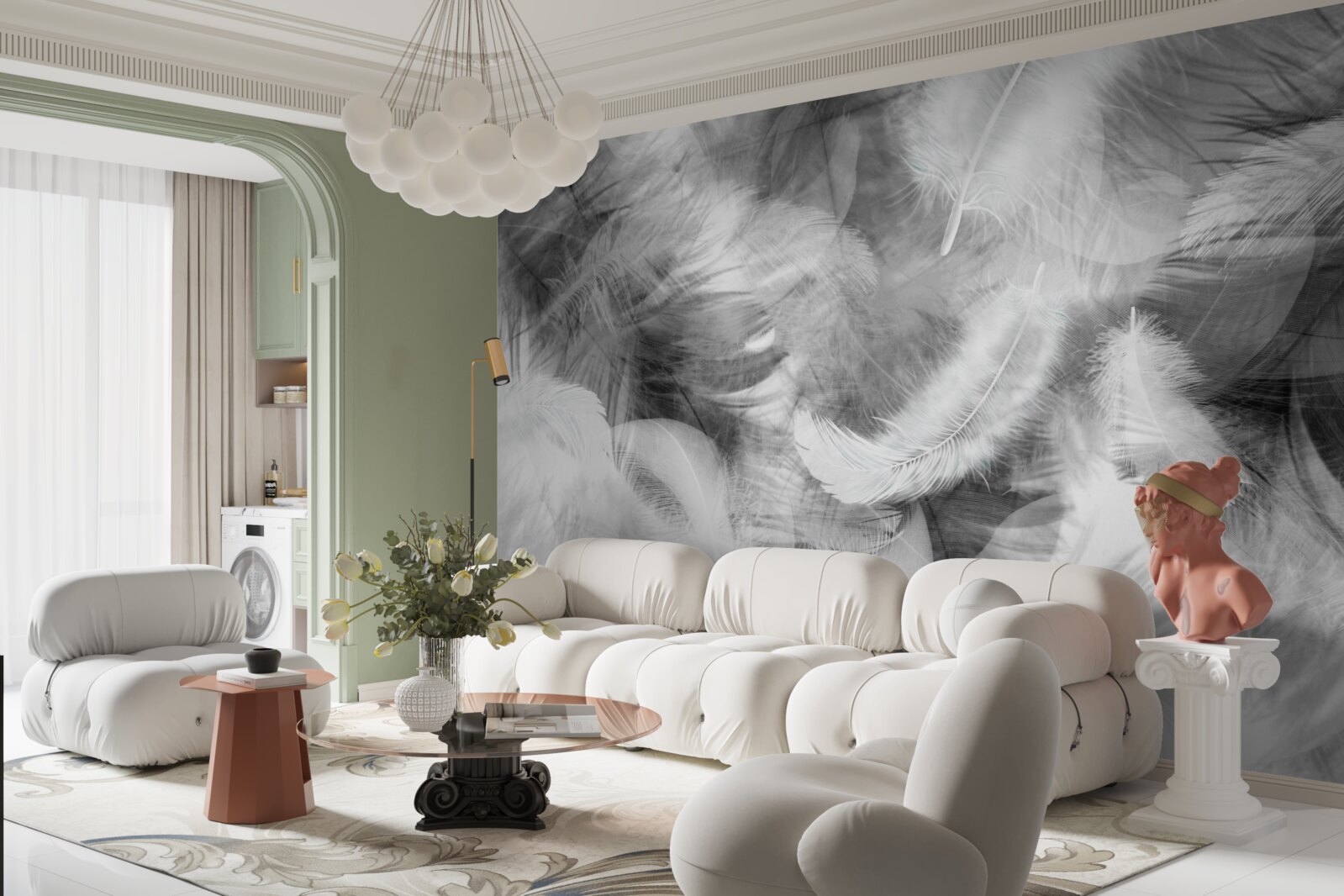 Fotobehang zwarte en witte veren zweven in de lucht