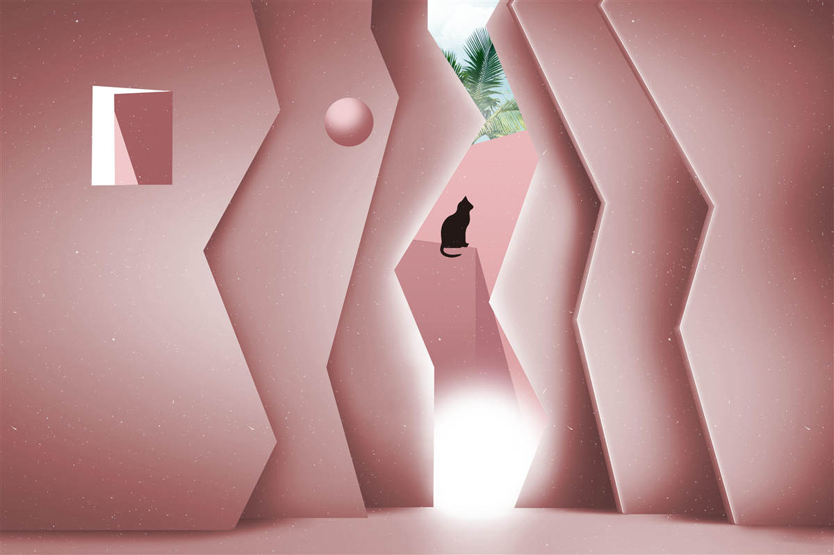 Fotobehang tunnel gemaakt in een abstracte stijl en geschilderd in roze tinten