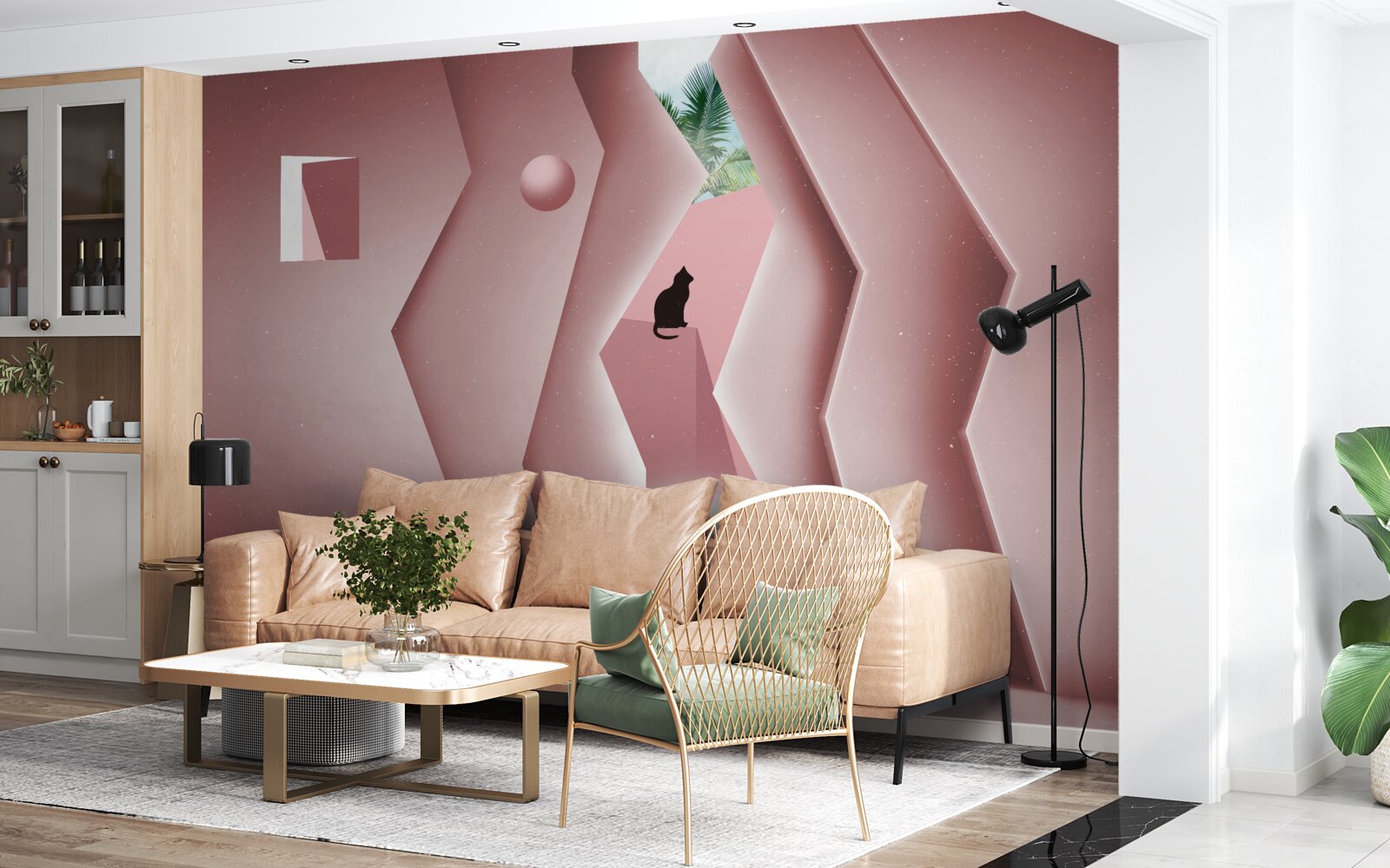 Fotobehang tunnel gemaakt in een abstracte stijl en geschilderd in roze tinten